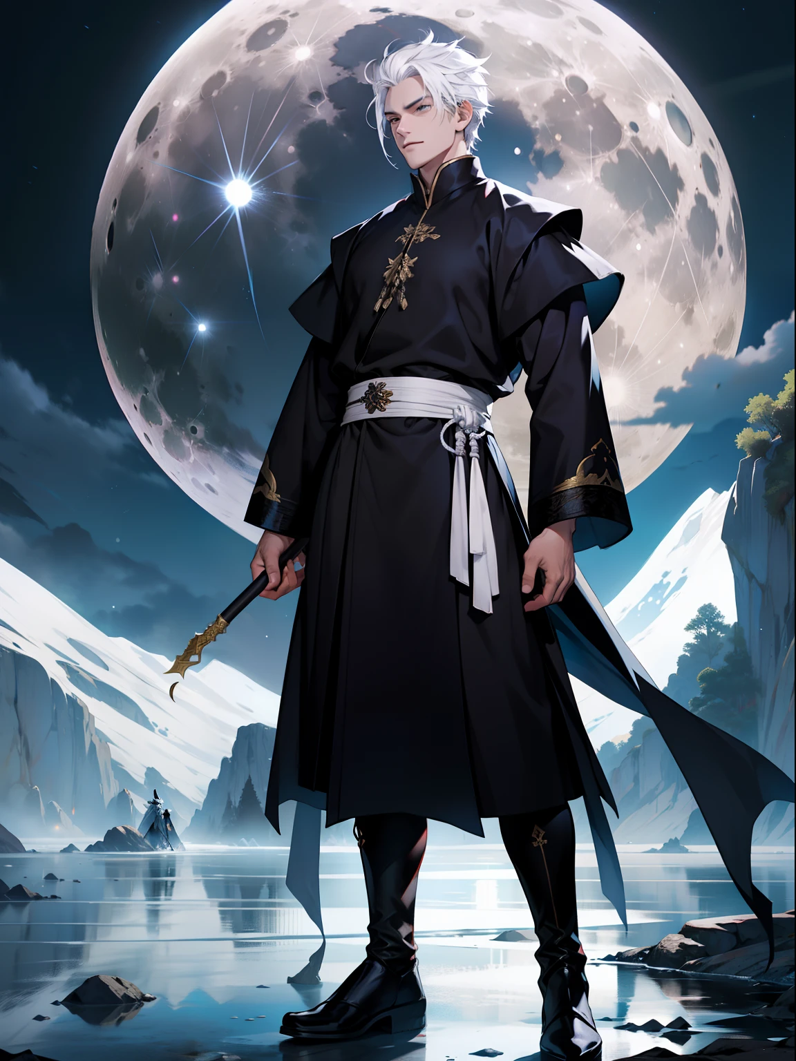 of a guy，Douluo Continent costume，standing on your feet，nigth，Black clothes，White hair，Full moon，