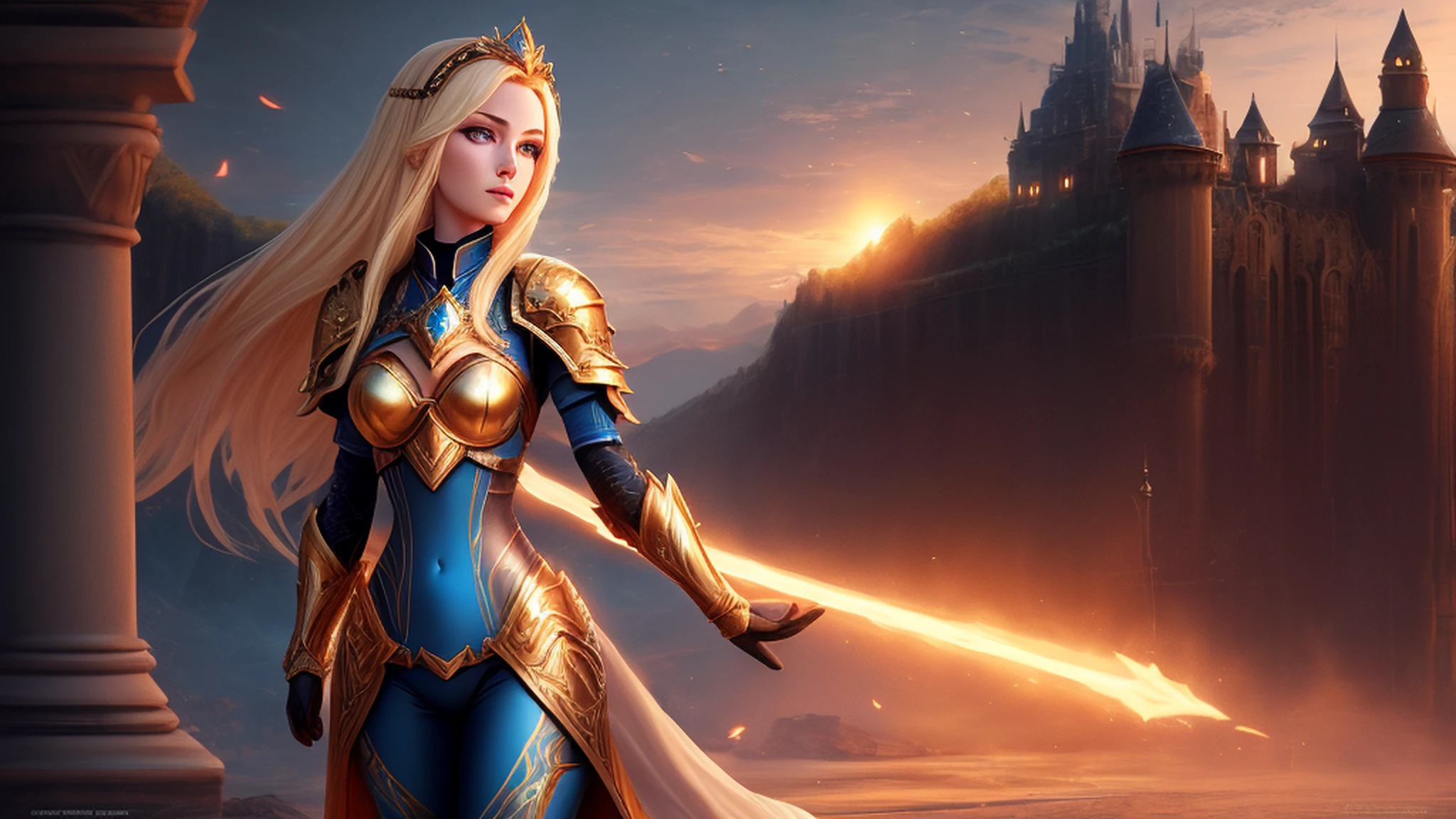 beautiful derailed face, sunset, a young gorgeous lux, luxanna crownguard, league of legends, ((full body)), 1girl, solo, blonde hair, blue eyes, blue pants, blue bodysuit, bodysuit, impossible bodysuit, brown hairband, hairband, long hair, long sleeves, breastplate, pauldrons, armor, gold trim, shoulder armor, masterpiece, 8k wallpaper, highres, high quality background, beautiful castle, (sun), (magic:1.2), angelic goddess, fantasy, electricity, brightness, hyper-detailed, realistic light, hard lighting, intricate details, stop motion, tonemapping, (illustration:1.1), (extremely detailed CG unity 8k wallpaper:1.1), (beautiful face:1.1)