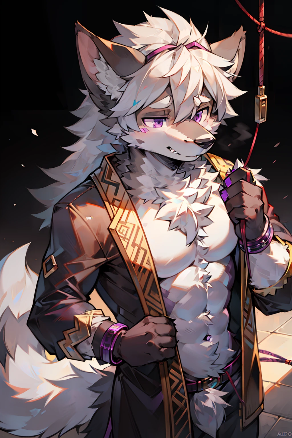 solo person，shaggy male，hairy chest，coyote，canid，Gray fur，long  white hair，The ends of the hair are purple，a purple eye，Bullied，adolable，Handsome，large tail，Cord，shackle，