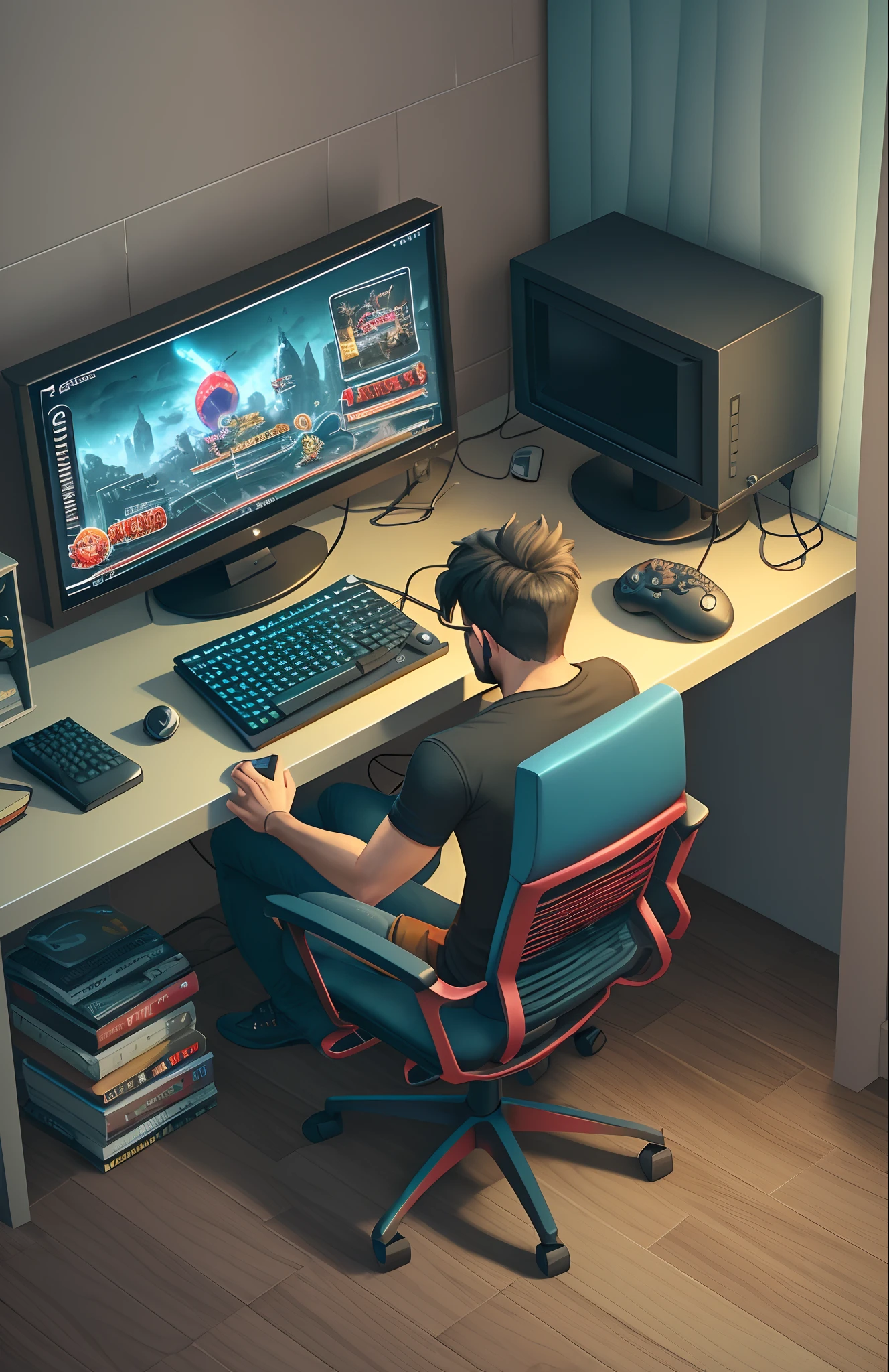 a small isometric gaming room, guy gaming on his pc, bedroom --auto --s2