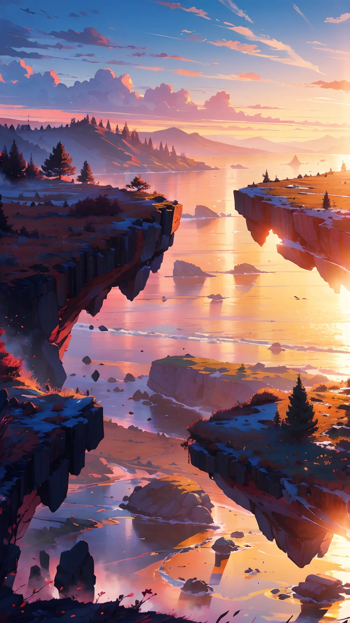 "Captivating sunset scene, vibrant and vivid colors, breathtaking evening glow, picturesque wide-angle view, meticulously captured with high-definition clarity and a touch of naturalistic style."