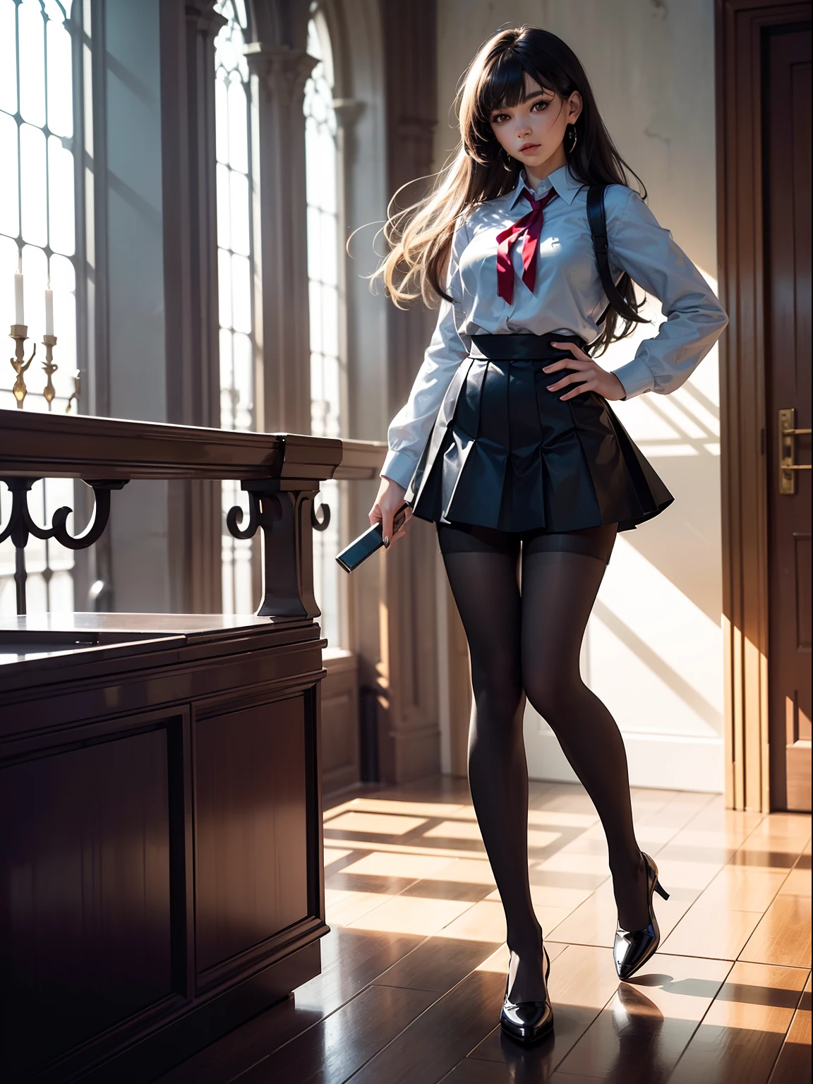 (full body:1.5)，(looking at viewer:1.4)，(anatomy correct:1.3)，(In the paradise of the day:1.3),(Wearing Very thick Printed Pantyhose and JK Student Dress Printed Pleated Skirt and JK uniform leather shoes，and a large amount of jewellery :1.3), (A high jump posture:1.3),(In pink|amarelo|blue colors|green color|red colour|white colors|black in color|purpleish color|greys|Beige|Flesh color 1.4)，,(Accurate and perfect face:1.4),(Clothing Gloss:1.25),(Skin reflection:1.25),hyper HD, Ray traching, reflective light，structurally correct, Award-Awarded, high detal, lightand shade contrast, Face lighting，cinmatic lighting, tmasterpiece, super detailing, high high quality, high detal, best qualityer, 16k，high contrast,