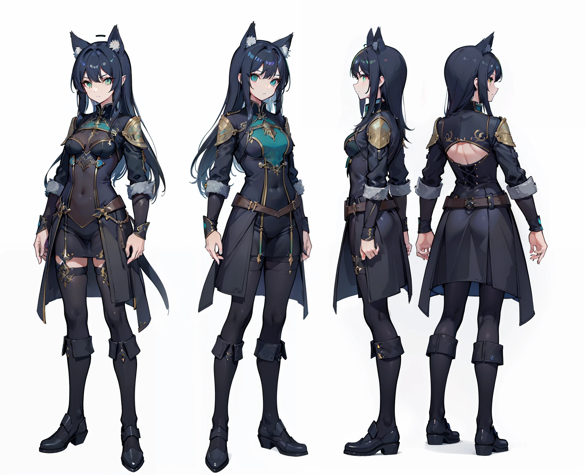 1girl, reference sheet, matching outfit, (fantasy character design, front angles, side angles, rear angles) Alistair, Demi-Human character design. Lithe and agile frame, feminine appearance. Striking emerald eyes with a mischievous glint, hint of magical prowess. Long jet-black hair, intricate arcane symbols on attire. Wolf-like ears and tail, distinctive Demi-Human features. (masterpiece:1.2), (best quality:1.3).