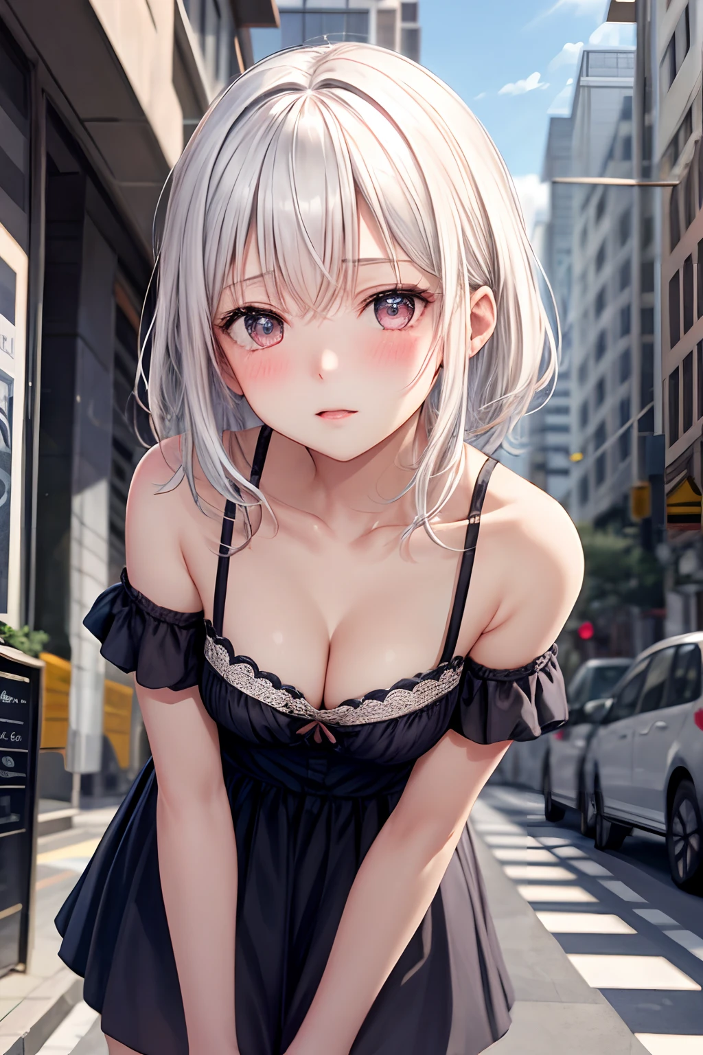 ultra detailed, 1girl, y, white hair, small breasts, blush, street, puerple hair, straight-on, leaning forward, blush, cleavage, bare shoulders, from below, sideways, masterpiece, best quality