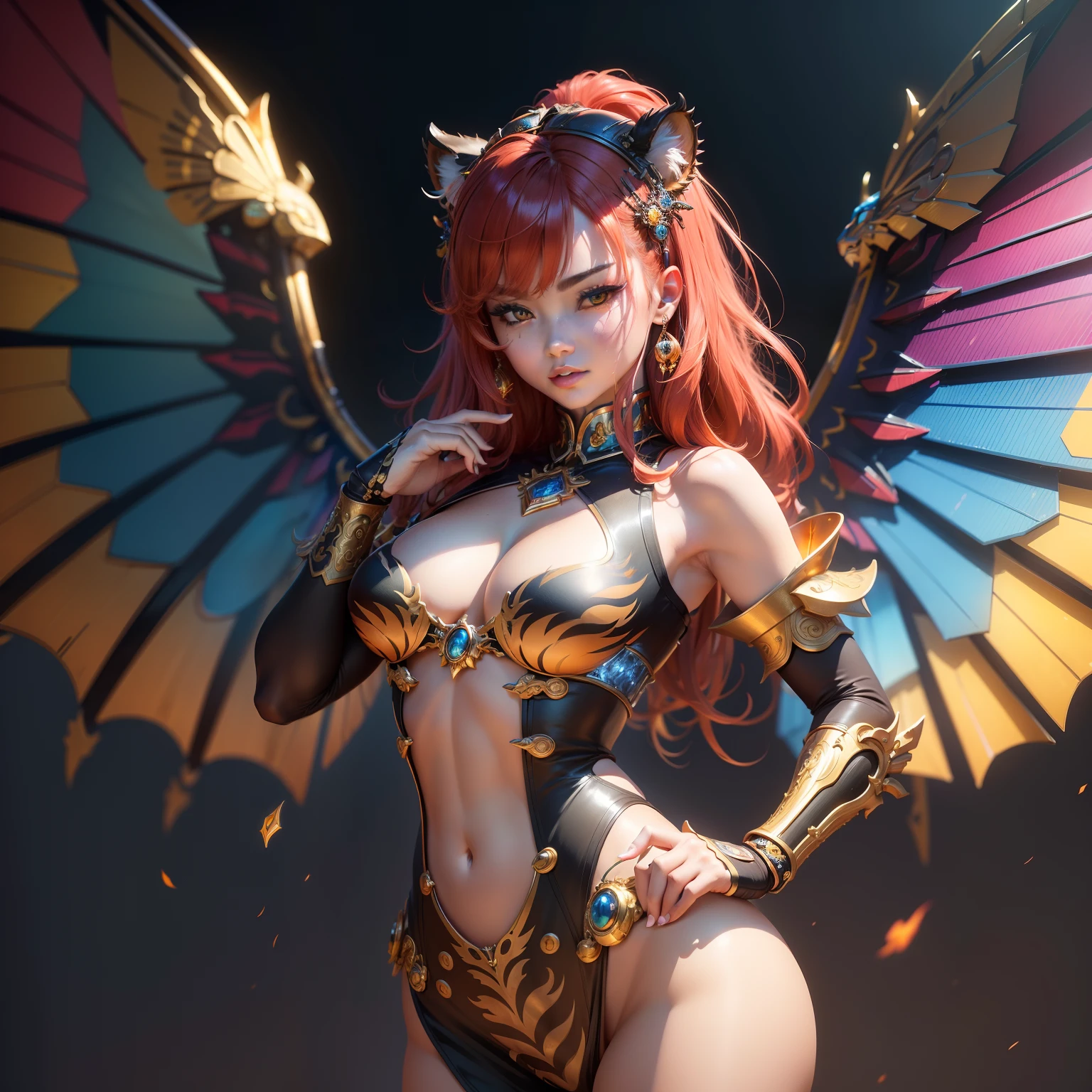 (Masterpiece, The eye-catching details are obvious, Fine facial features), Extremely colorful, Shine brightly, Fantasy Mechanical Tiger, Compact parts are presented, Superb lighting performance, Mighty and domineering, Fly wings, A unique approach to shooting, A lively demeanor。Mythical