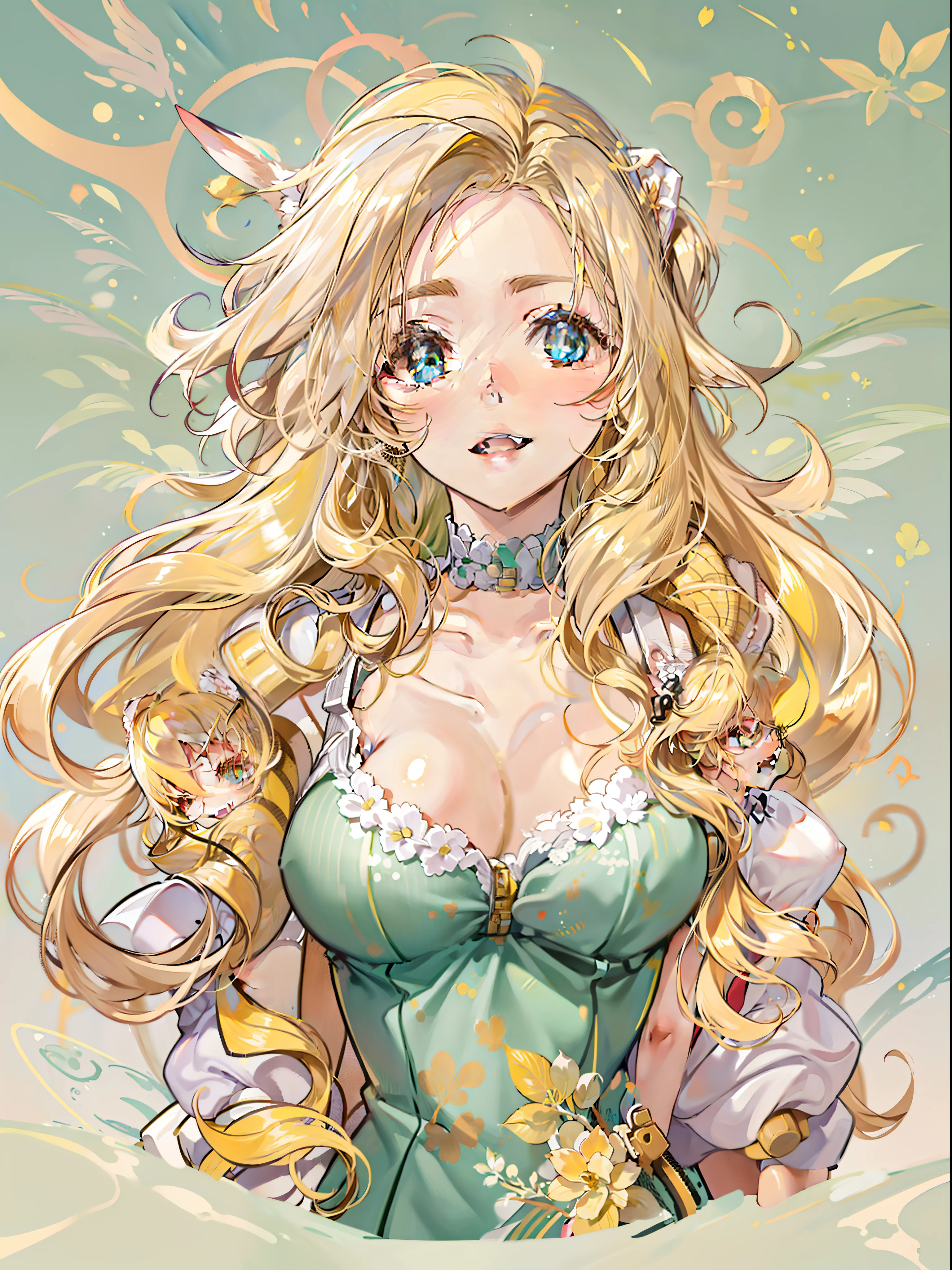 Kizi,Yellow hair,Long hair and big waves,The upper part of the body,quadratic element,high qulity,frontage,underdressing,boobgasm,nedium breasts