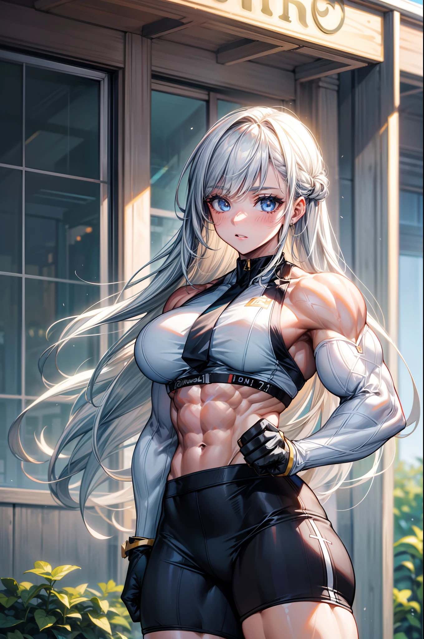 (BEST lighting) , (ultra intricately detailed) , 4K unification, (super-detailed CG: 1.2) , (8K: 1.2),(Original), (Masterpiece) , (Best quality),(Masterpiece:1.4),Anime-ish high quality,(Masterpiece),Masterpiece, Super clear picture quality，Clearer than movies，（Fine face）Best quality, absurderes,((masterpeace, 4K, 8K, Yes, A high resolution))1girll, girls，She was in the garden，standing on your feet,Exposing the abdomen， Crop topping,There are bulges of dense veins on the arms，Spring, Boots, Perfect figure, Long silver hair, Dynamic pose,Legs exposed，Strong leg muscles ((body builder:1.5)),Spring Garden,(Beautiful bace),(Girl),(Female),(((Upper body:1)))