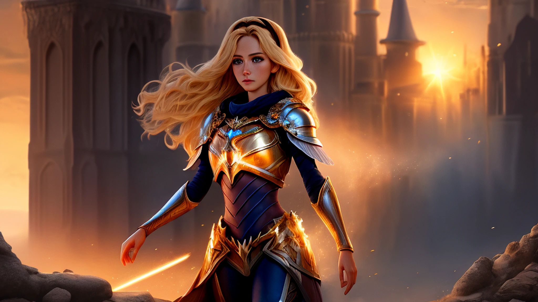 beautiful derailed blue eyes, sunset, a young gorgeous lux, luxanna crownguard, league of legends, ((full body)), 1girl, solo, blonde hair, blue eyes, blue pants, blue bodysuit, bodysuit, impossible bodysuit, brown hairband, hairband, long hair, long sleeves, breastplate, pauldrons, armor, gold trim, shoulder armor, masterpiece, 8k wallpaper, highres, high quality background, beautiful castle, (sun), (magic:1.2), angelic goddess, fantasy, electricity, brightness, hyper-detailed, realistic light, hard lighting, intricate details, stop motion, tonemapping, (illustration:1.1), (extremely detailed CG unity 8k wallpaper:1.1), (beautiful face:1.1)