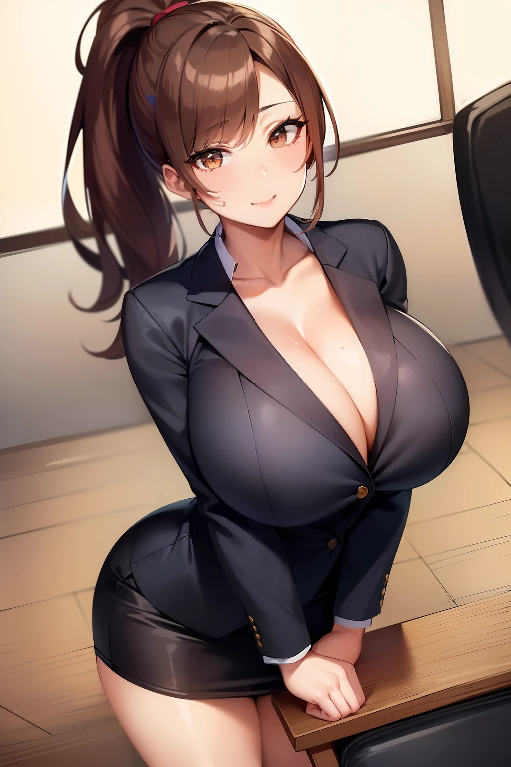 masterpiece, best quality, highest quality, perfect anatomy, highres, ultra-detailed, 8k wallpaper, texture, detail, unique, HDR, extremely detailed CG, Azuma Hisato, 1 girl, Solo, full body, standing, ponytail, brown_hair, Bangs, brown_eyes, 20yo, mature female, looking at viewer, smile, lewd face, (Beautiful,large_Breasts:1.4), (beautiful_face:1.5),(narrow_waist), office outfit, office uniform