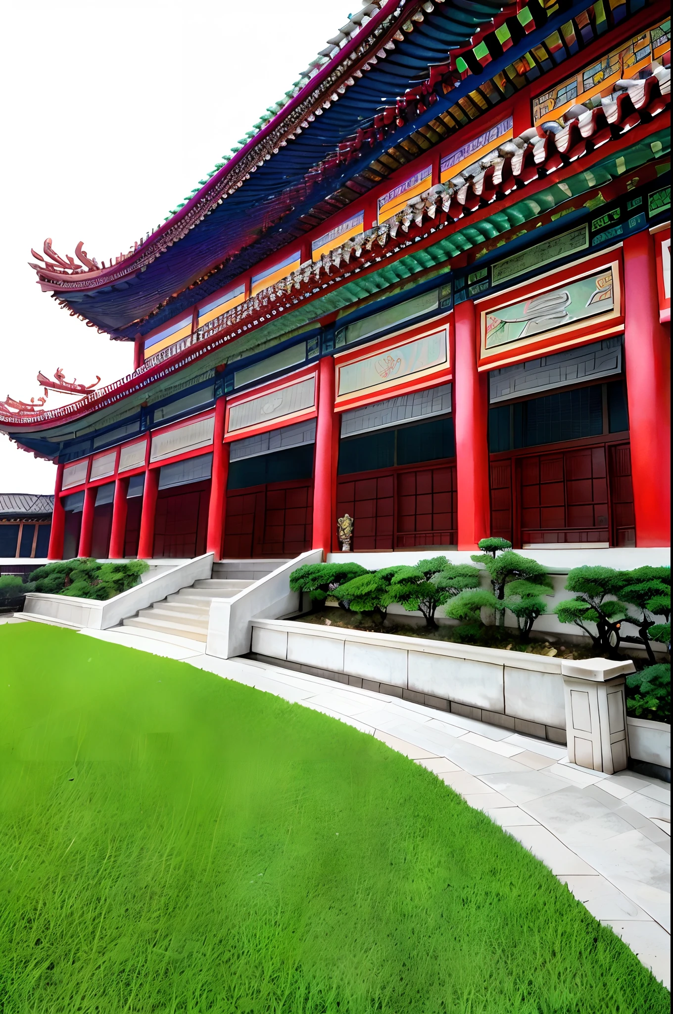 There is a building,There is a green lawn in front, Ancient Chinese architecture, Chinese architecture, Chinese style buildings, Chinese palaces, korean traditional palace, chinese temple, With a Chinese temple, Tang Dynasty Palace, Beautiful rendering of the Tang Dynasty, Chinese style, with ancient chinese aesthetic, Taoist temples and monks, a wide open courtyard in an epic, Chinese traditional, Chinese tradition