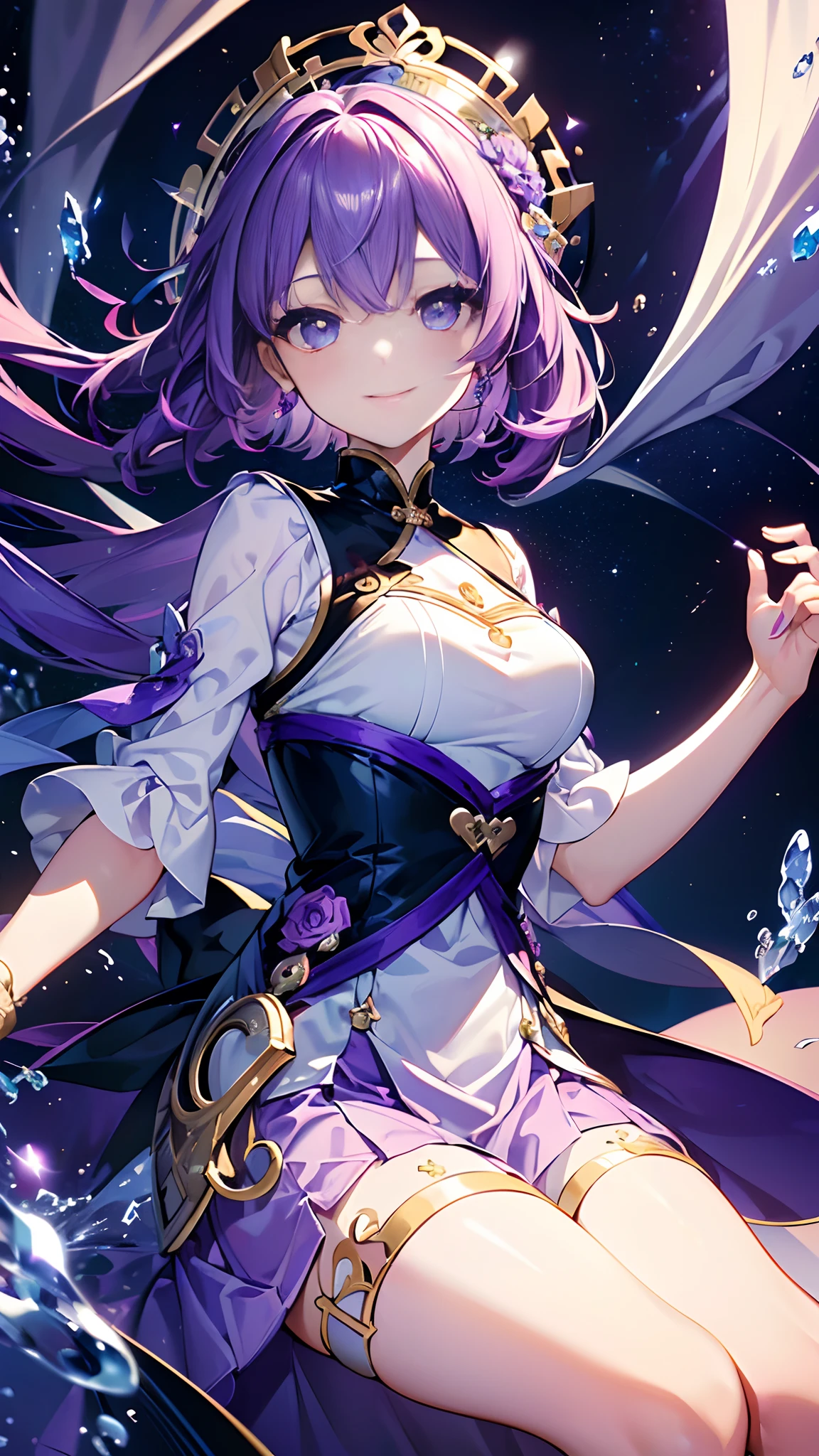 (((​masterpiece)))、(((top-quality)))、((ultra-detailliert))、(illustratio)、((extremely delicate and beautiful))、dynamic ungle、A smile、floating、Purple hair、(beatiful detailed eyes)、(Detailed light) (1girl in)、独奏、floating_hair、radiant eyes、Twin-tailed、Purple Holter Dress、Adan、Tarot Cards