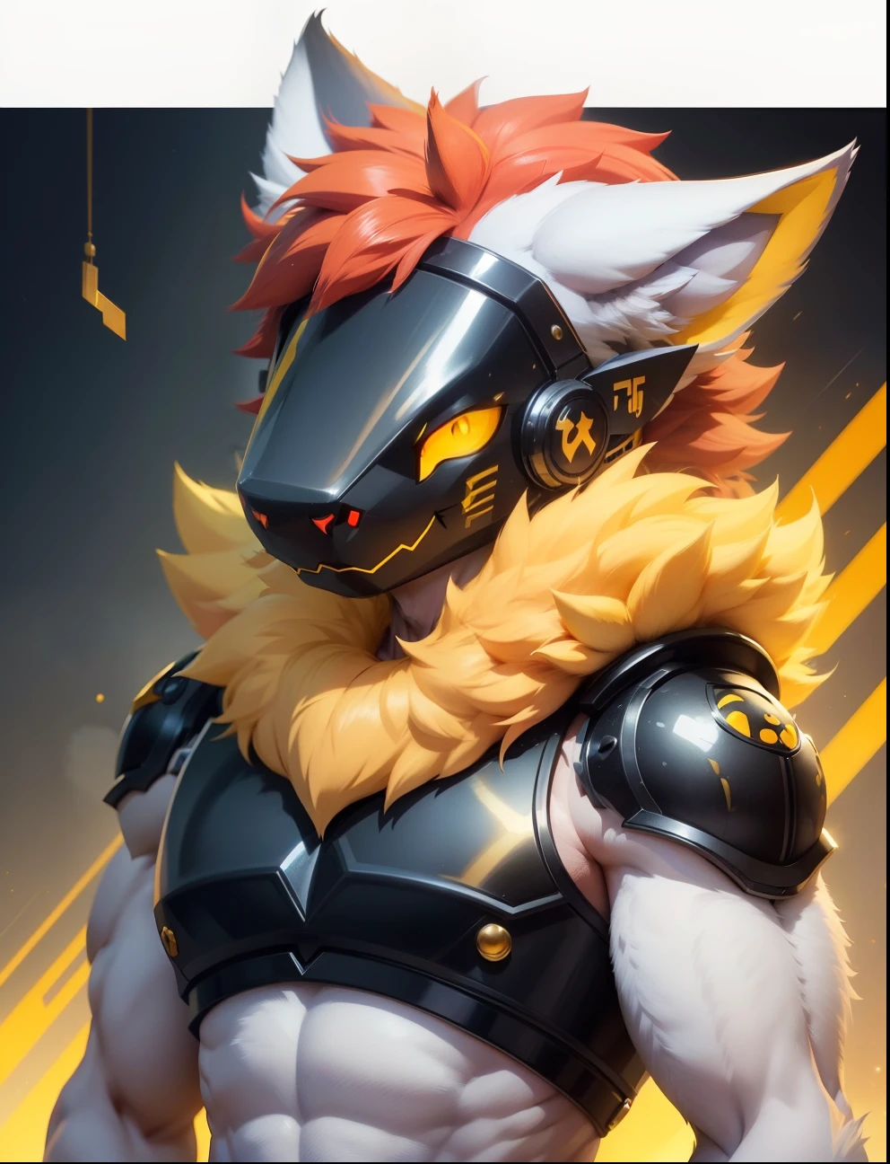 anthro portrait, anthro wolf face, anthropomorphic cat，Anime characters with yellow eyes and white cats with yellow eyes, Anime orc cat, in the anime film, anime visual of a cute cat, anime movie screenshot,, animated still，Handsome male cat，ssmile，Red eyeshadow，muscular plump，Upper body 