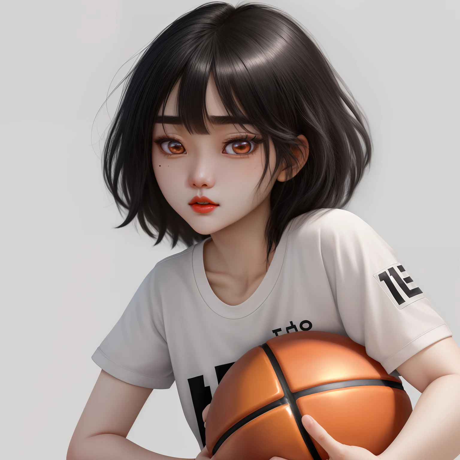 beautiful korean girl, beautiful eyes, hinata hyuga black hair, white eyes, wearing a basketball shirt, open red lips, small mole under the eye,
