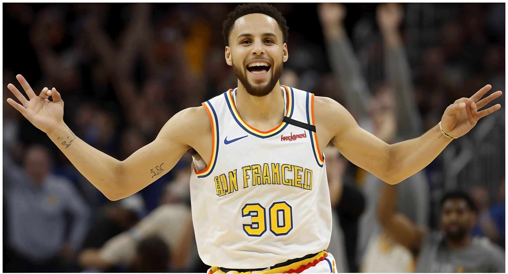 Arafard basketball players raised their arms to celebrate the game, wearing NBA jersey, bay area, # glazersout, taken in the early 2020s, Inspired by John Stewart Curry, ƒ/5.0, Warriors, warriors fan art, sfv, nba finals, nba finals, fan favorite