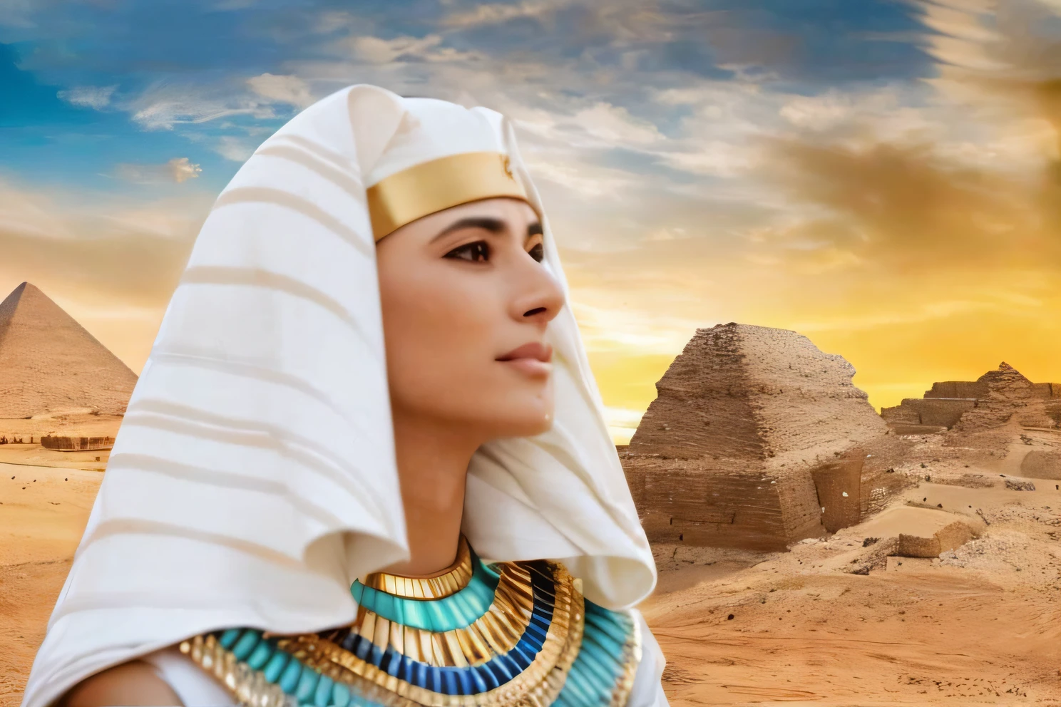 Arafed man in a white robe and headdress in front of a pyramid, pharaon, pharaon, pharaoh clothes, O Rei no Deserto, wearing an egyptian crown, Reis antigos em vestes brancas, Elon Musk como um deus grego, the egyptian god, Egito Deus, Nefertiti, Egyptian, vestido em antigo, Princesa Libu antiga