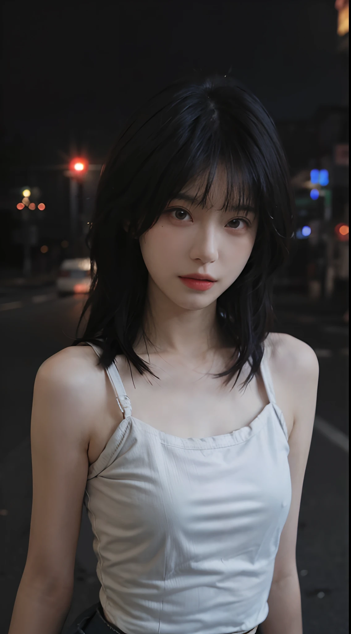 best qualtiy, 超高分辨率, (realisticlying:1.4),2 girls ,Focus:1.2, Chest bust:1.6,perfect figure beautiful woman:1.4 , pelo rojo corto,(Streets at night:1.3), Highly detailed facial and skin texture, head straight-looking at viewer,A detailed eye, 二重まぶた,Red lips,eye shadows,Whiten skin,(Air bangs:1.3),,(White thin strap top:1.4)