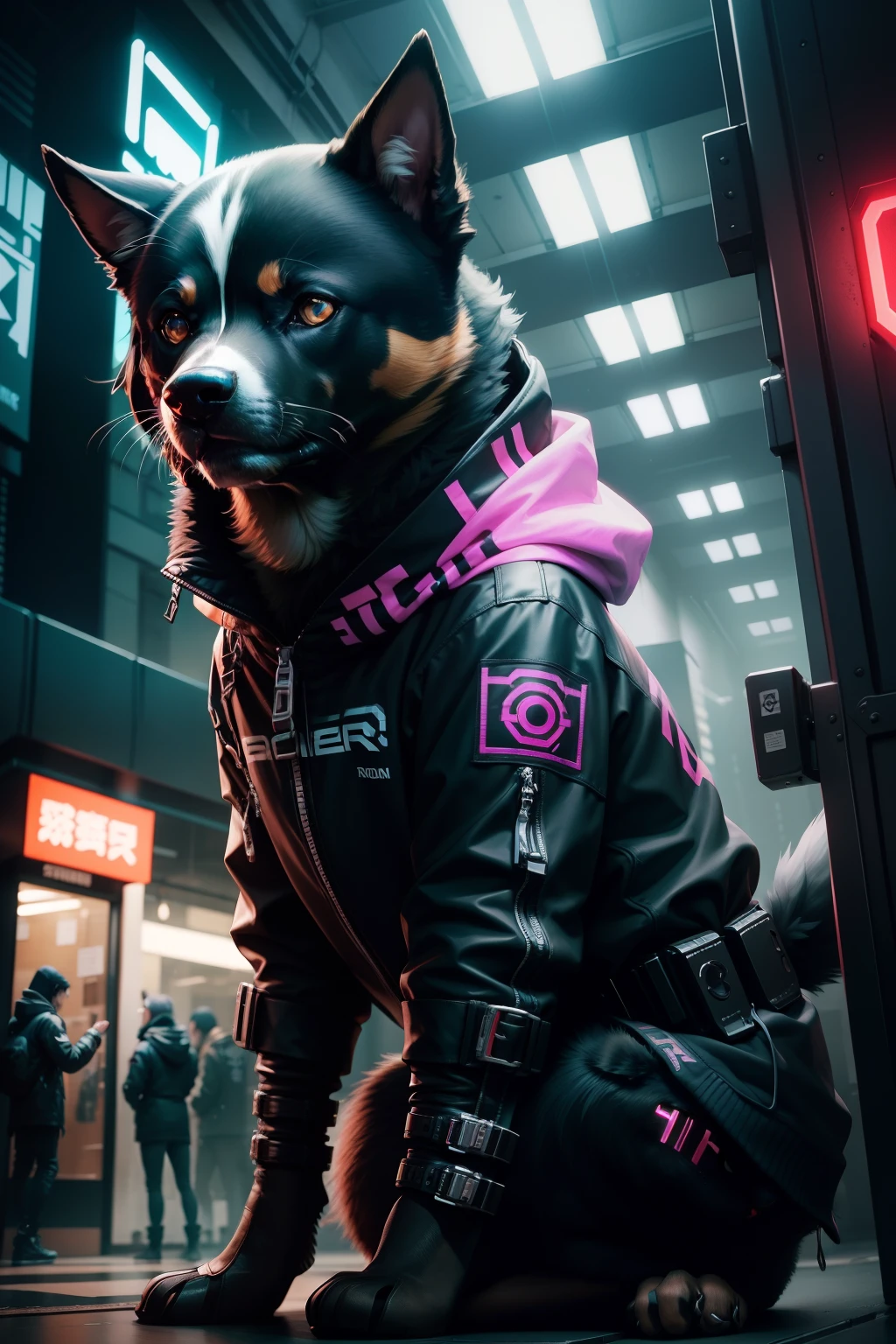 cyberpunked、Cool、frontage、ember、a Dog