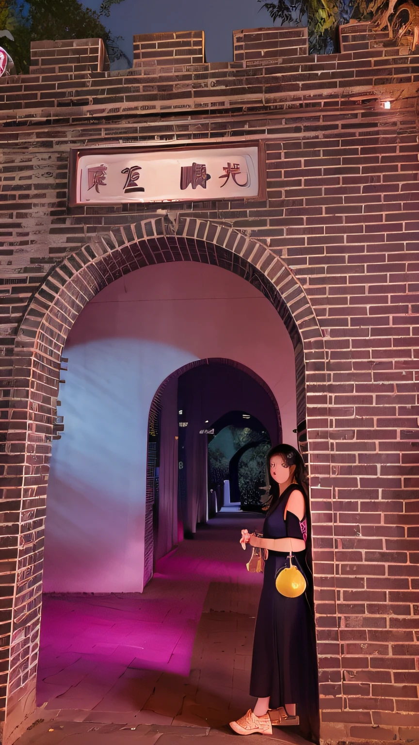 There is a woman standing in front of a brick arch, there are archways, pink arches, an archway, Archway, 2 4 mm iso 8 0 0 color, photo taken at night, With a Chinese temple, taken with canon 8 0 d, girl under lantern, background is a low light museum, low-light photograph, low-light photograph
