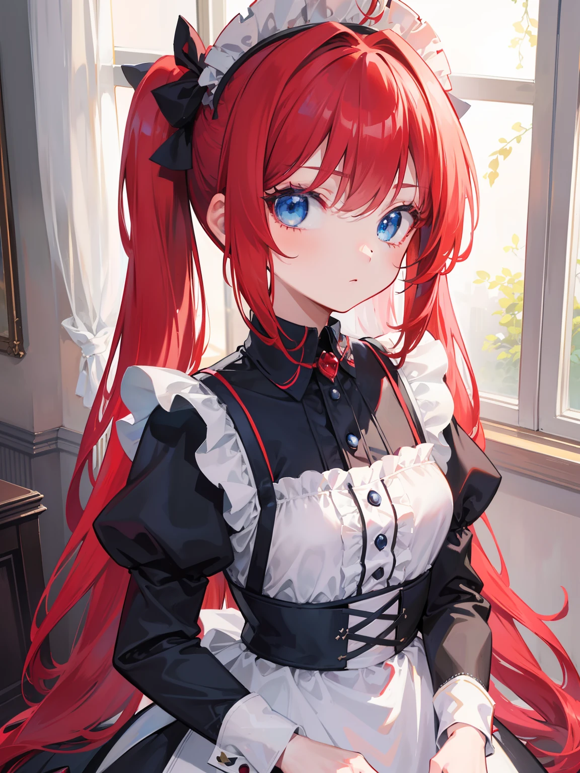 {{best quality}}, {{masterpiece}}, {{ultra-detailed}}, {illustration}, {detailed light}, red hair,blue eyes,twintails,maid, long hair, long sleeves, gothic, solo, loli,little girl,cute