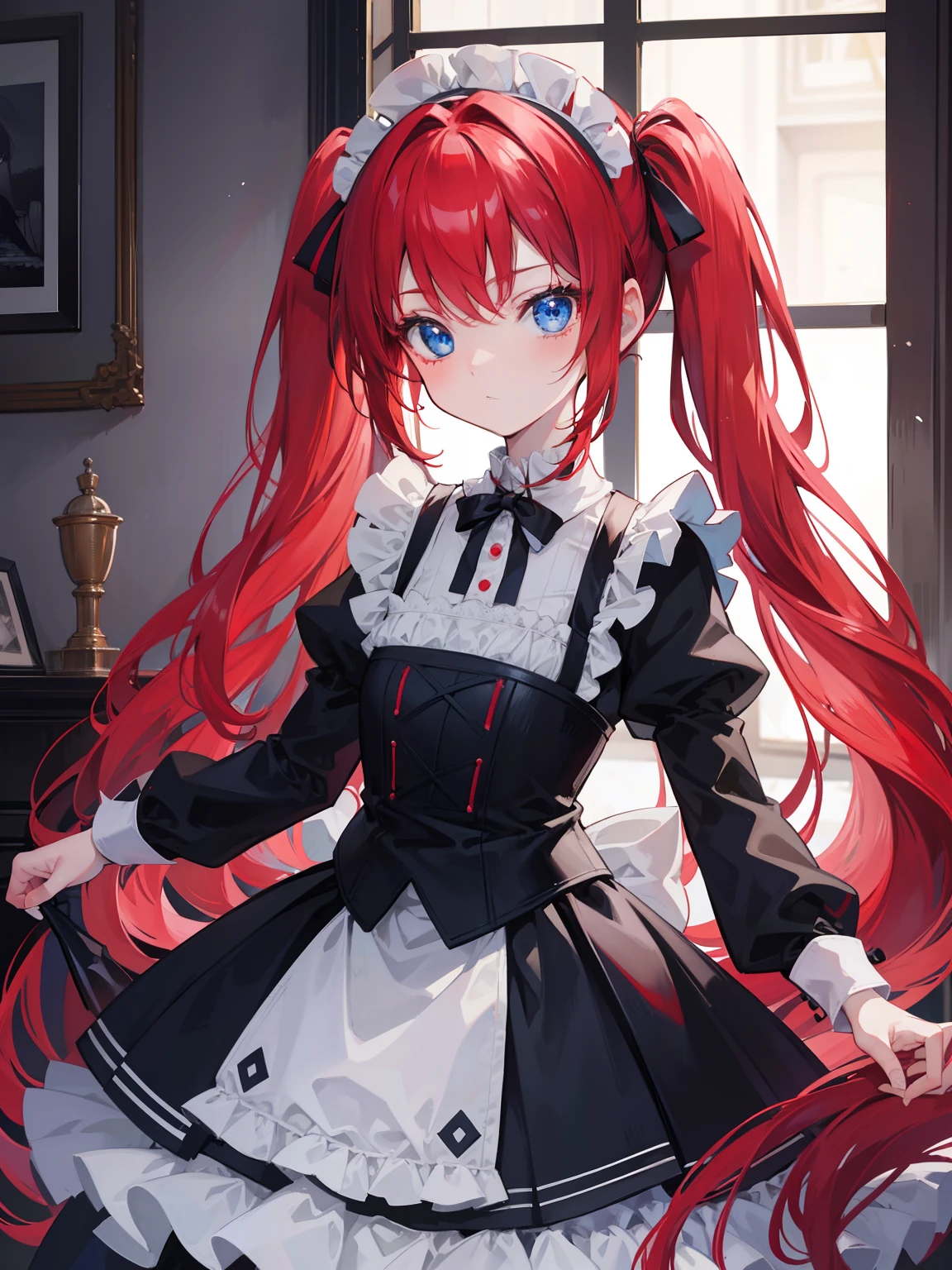 {{best quality}}, {{masterpiece}}, {{ultra-detailed}}, {illustration}, {detailed light}, red hair,blue eyes,twintails,maid, long hair, long sleeves, gothic, solo, ,litte