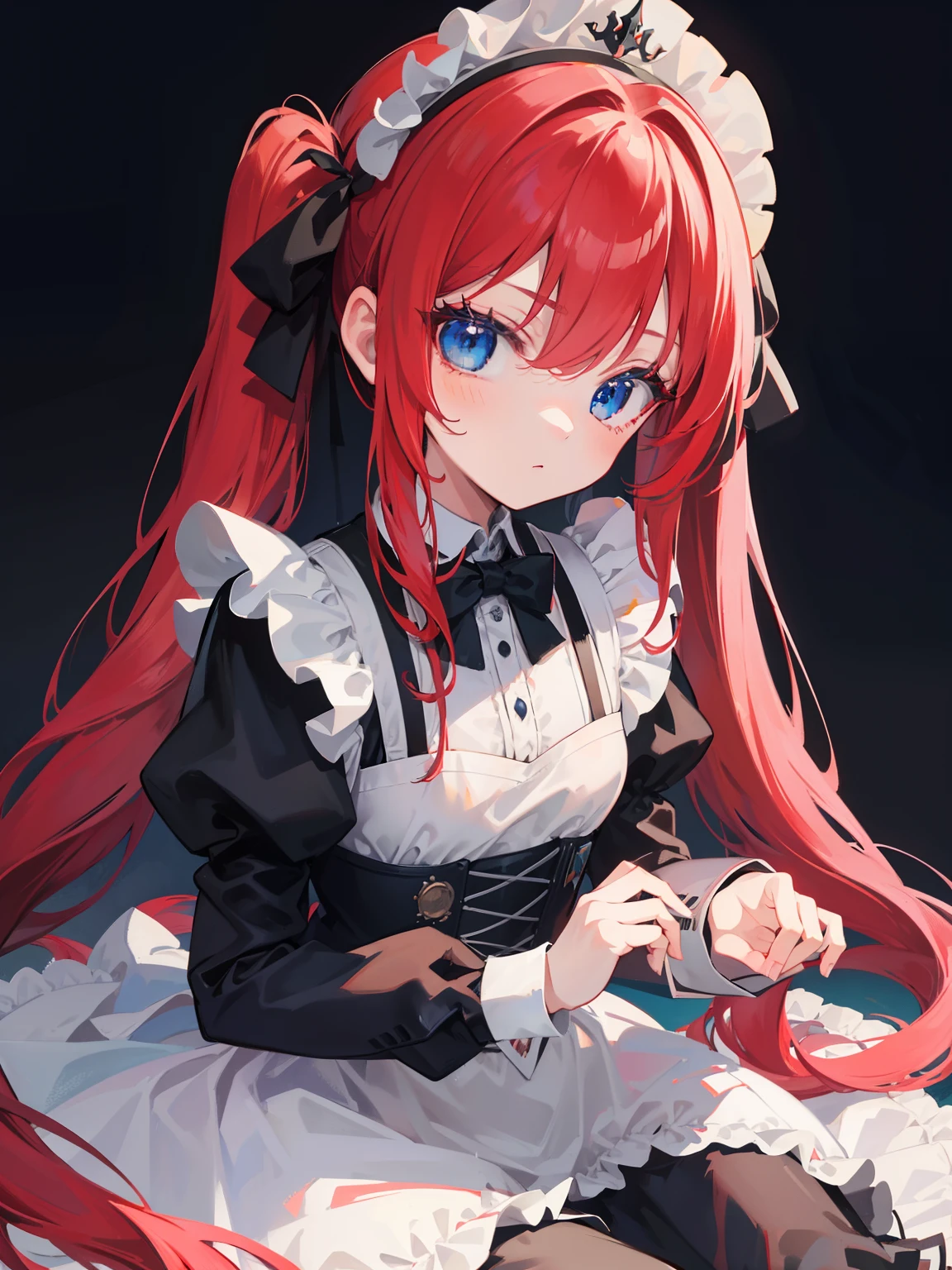 {{best quality}}, {{masterpiece}}, {{ultra-detailed}}, {illustration}, {detailed light}, red hair,blue eyes,twintails,maid, long hair, long sleeves, gothic, solo, loli,little girl,cute