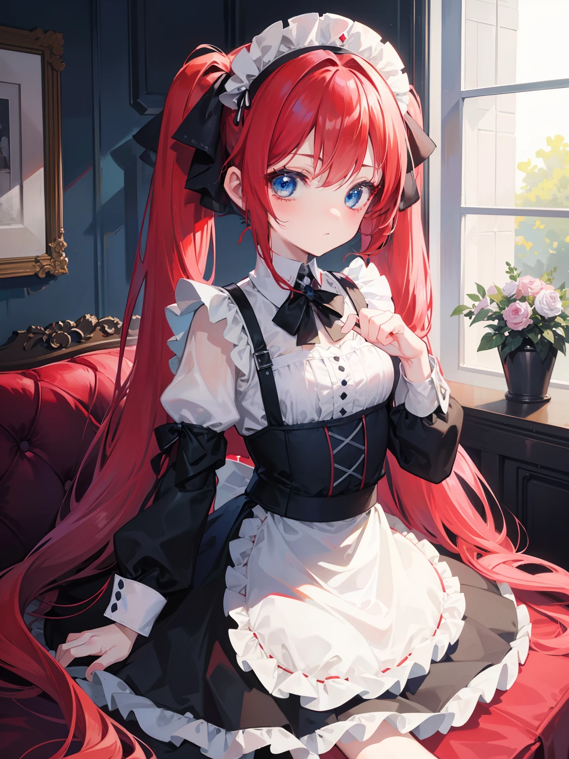 {{best quality}}, {{masterpiece}}, {{ultra-detailed}}, {illustration}, {detailed light}, red hair,blue eyes,twintails,maid, long hair, long sleeves, gothic, solo, ,litte