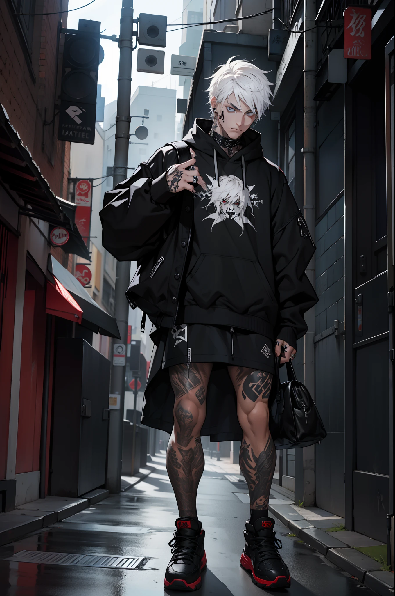 (full-body),men,white hair,tattoo of sword, Emo,Goth,black nail,Streetwear,ring on finger,in the street, bag under eye