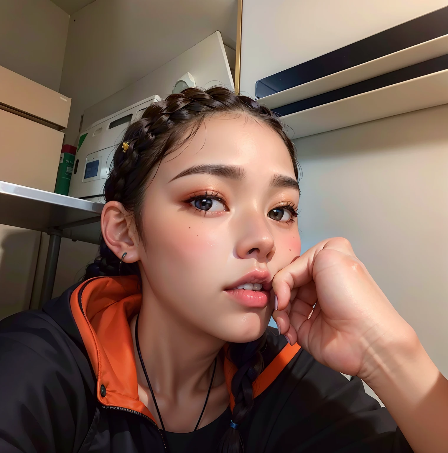 There is a woman with braided hair and a black top, detailed flawless face, Rosto detalhado perfeito, tez bonito, rosto lindo detalhado, lindo rosto detalhado, Rosto bonito e detalhado, rosto detalhado e perfeito, rosto bonito detalhado, rosto perfeitamente iluminado, Rosto perfeito detalhado, com pele parda, black hair in braids, Brown skin. maquiagem leve, rosto lindo, lindo retrato do rosto