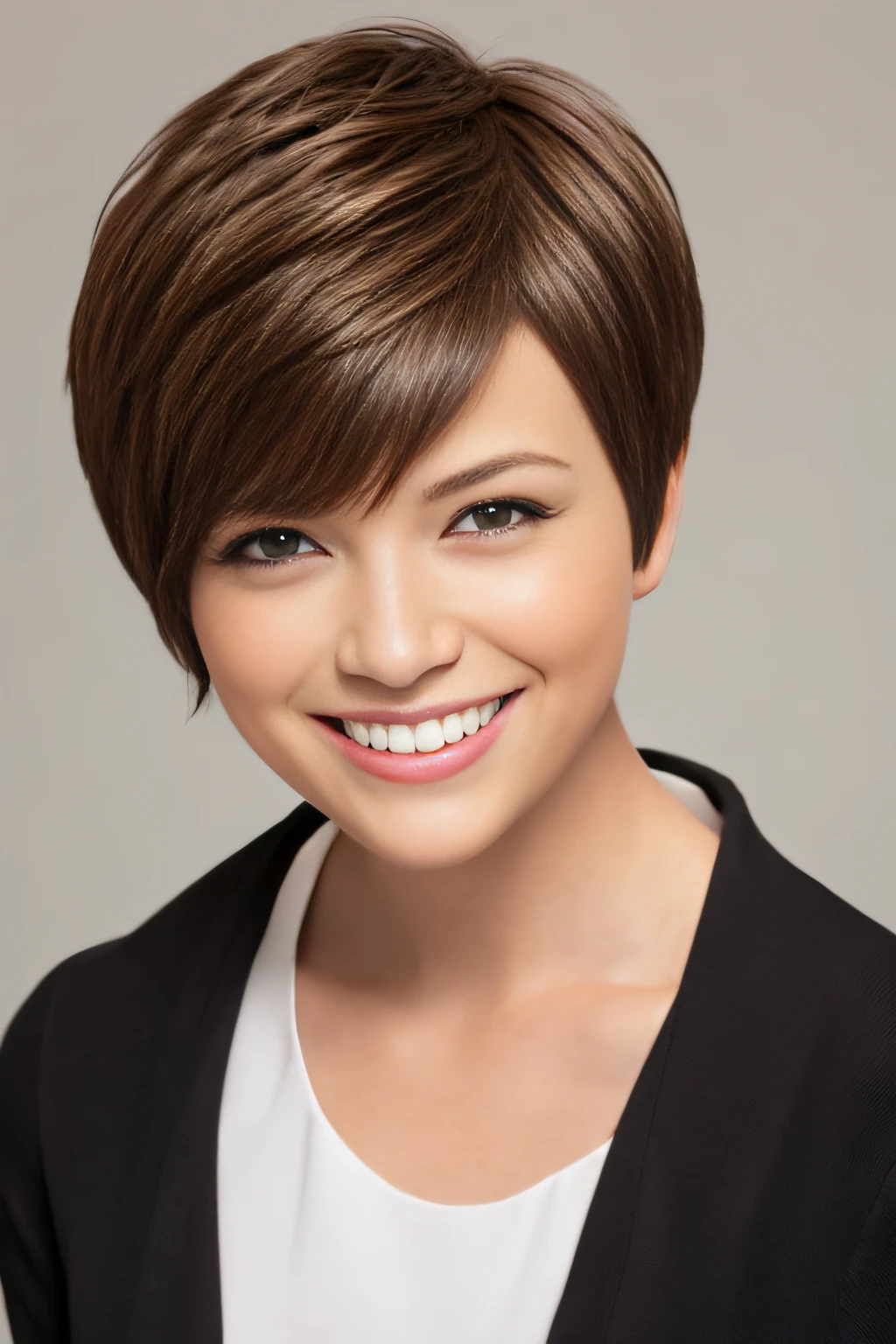 a pixie cut A big smile Brown hair