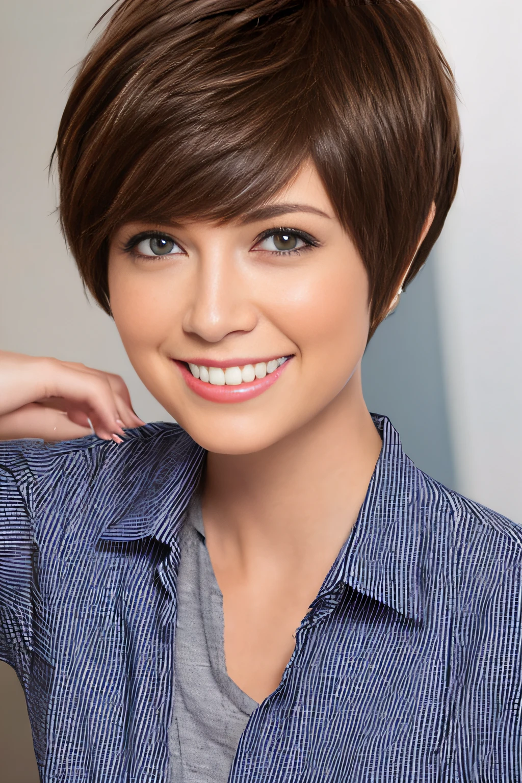 a pixie cut A big smile Brown hair