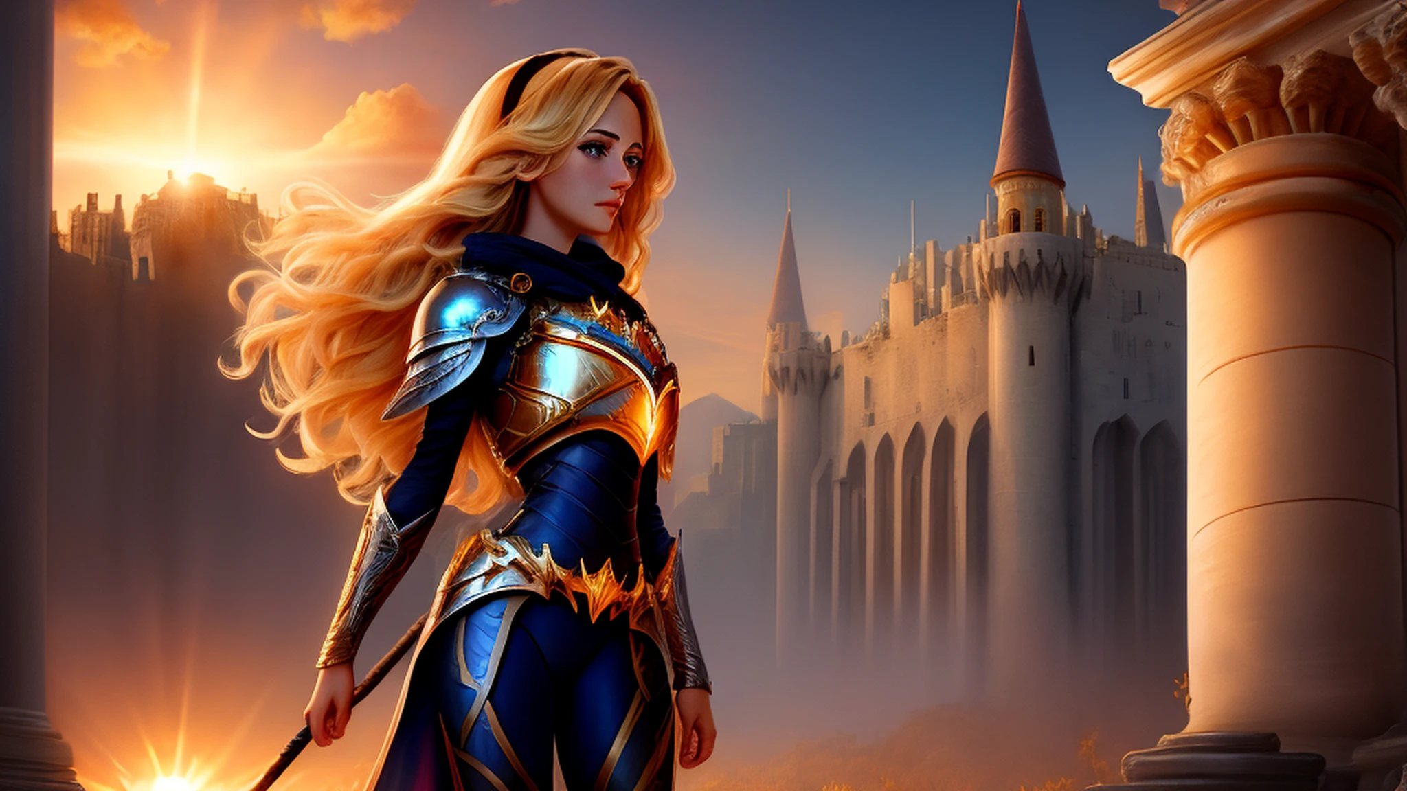 beautiful derailed blue eyes, sunset, a young gorgeous lux, luxanna crownguard, league of legends, ((full body)), 1girl, solo, blonde hair, blue eyes, blue pants, blue bodysuit, bodysuit, impossible bodysuit, brown hairband, hairband, long hair, long sleeves, breastplate, pauldrons, armor, gold trim, shoulder armor, masterpiece, 8k wallpaper, highres, high quality background, beautiful castle, (sun), (magic:1.2), angelic goddess, fantasy, electricity, brightness, hyper-detailed, realistic light, hard lighting, intricate details, stop motion, tonemapping, (illustration:1.1), (extremely detailed CG unity 8k wallpaper:1.1), (beautiful face:1.1)