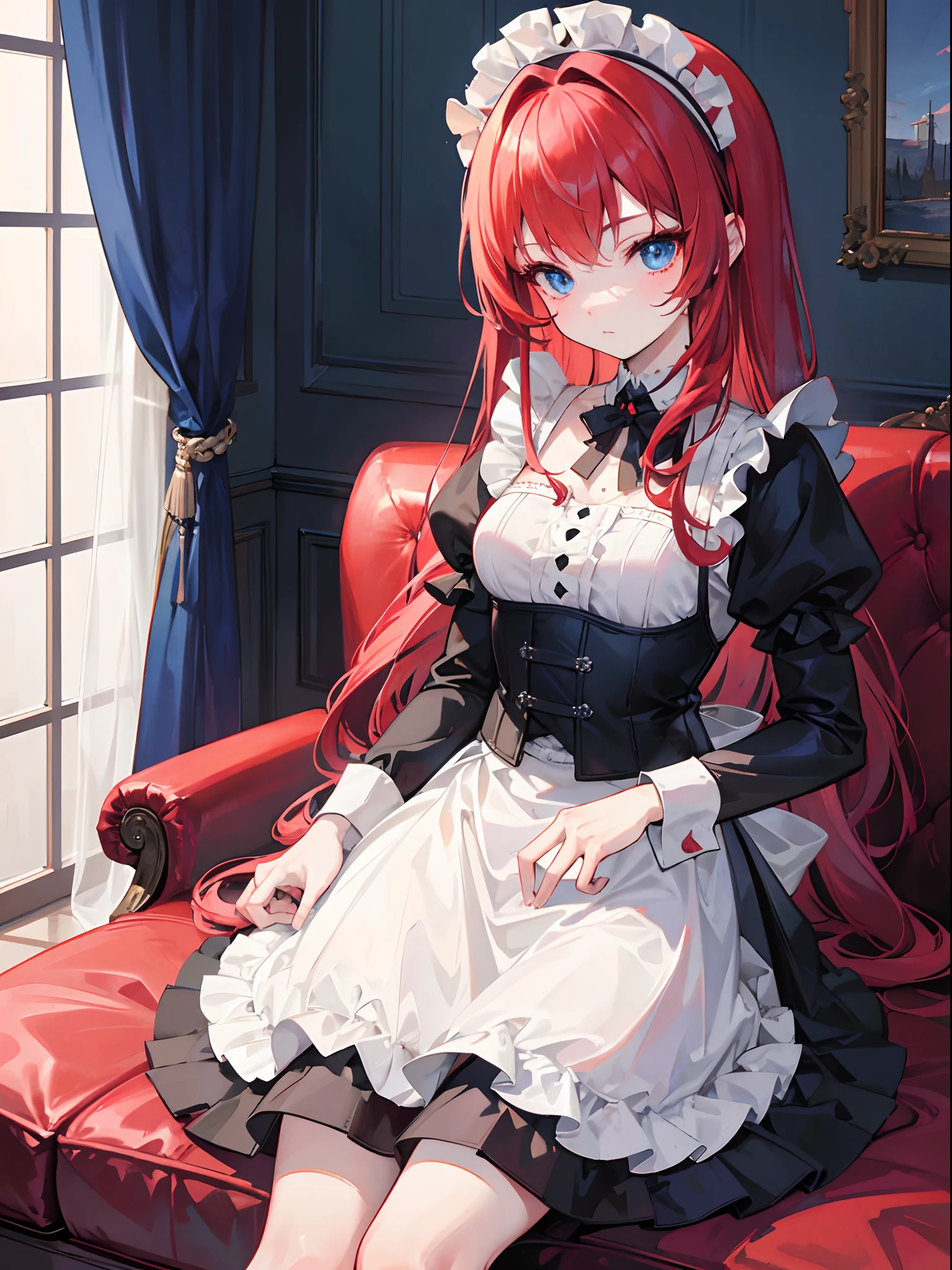 {{Best quality}}, {{Masterpiece}}, {{Ultra-detailed}}, {illustration}, {Detailed light}, Red hair,Blue eyes,double tails,maid, Long hair, Long sleeves, Gothic, Solo, Loli