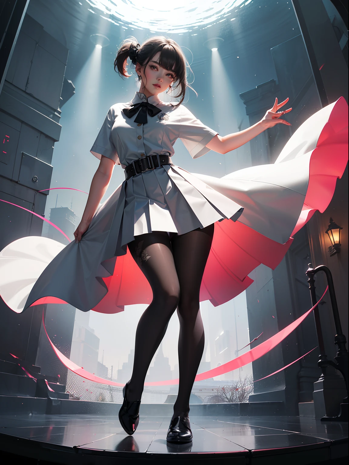 (full body:1.5),(looking at viewer:1.4),(anatomy correct:1.3),(In the paradise of the day:1.3),(Wearing Very thick Printed Pantyhose and JK Student Dress Printed Pleated Skirt and JK uniform leather shoes,and a large amount of jewellery :1.3), (A high jump posture:1.3),(In pink|amarelo|blue colors|green color|red colour|white colors|black in color|purpleish color|greys|Beige|Flesh color 1.4),,(Accurate and perfect face:1.4),(Clothing Gloss:1.25),(Skin reflection:1.25),hyper HD, Ray traching, reflective light,structurally correct, Award-Awarded, high detal, lightand shade contrast, Face lighting,cinmatic lighting, tmasterpiece, super detailing, high high quality, high detal, best qualityer, 16k,high contrast,