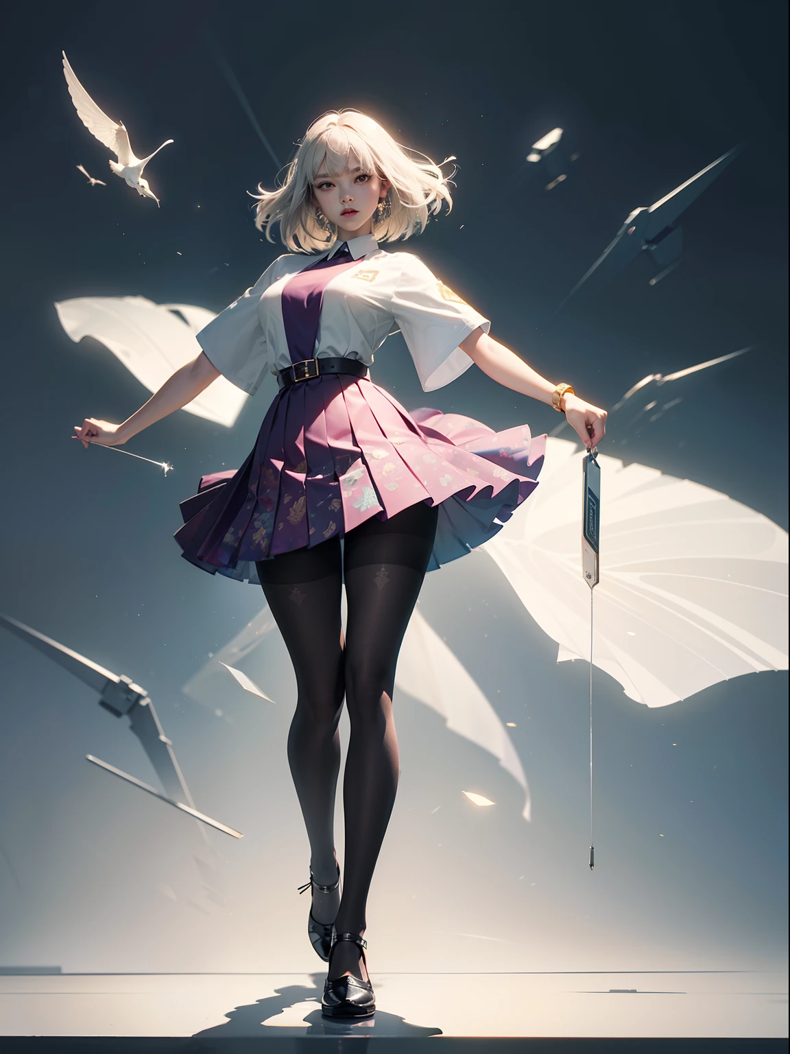 (full body:1.5)，(looking at viewer:1.4)，(anatomy correct:1.3)，(In the paradise of the day:1.3),(Wearing Very thick Printed Pantyhose and JK Student Dress Printed Pleated Skirt and JK uniform leather shoes，and a large amount of jewellery :1.3), (A high jump posture:1.3),(In pink|amarelo|blue colors|green color|red colour|white colors|black in color|purpleish color|greys|Beige|Flesh color 1.4)，,(Accurate and perfect face:1.4),(Clothing Gloss:1.25),(Skin reflection:1.25),hyper HD, Ray traching, reflective light，structurally correct, Award-Awarded, high detal, lightand shade contrast, Face lighting，cinmatic lighting, tmasterpiece, super detailing, high high quality, high detal, best qualityer, 16k，high contrast,