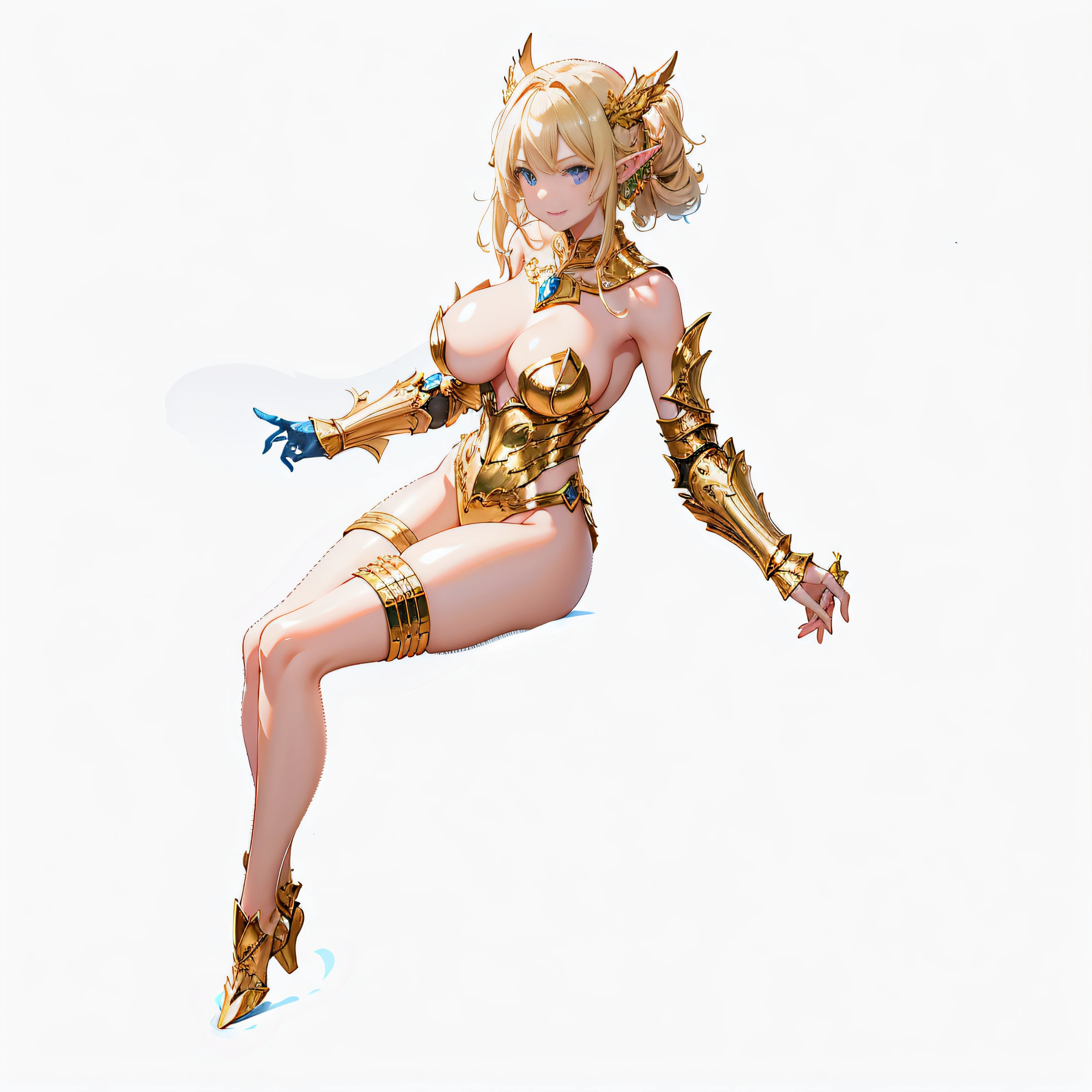 masterpiece、top-quality、Full body like、golden armour、fullnude、Anime girl with very big breasts posing naked、very big boobs、Hide your with your hands、elvish、no-bra、Blonde blue-eyed、a smile
