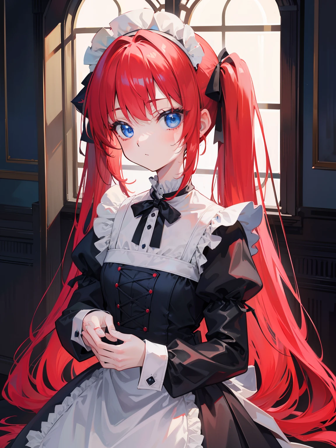 {{best quality}}, {{masterpiece}}, {{ultra-detailed}}, {illustration}, {detailed light}, red hair,blue eyes,twintails,maid, long hair, long sleeves, gothic, solo, loli,little girl,cute