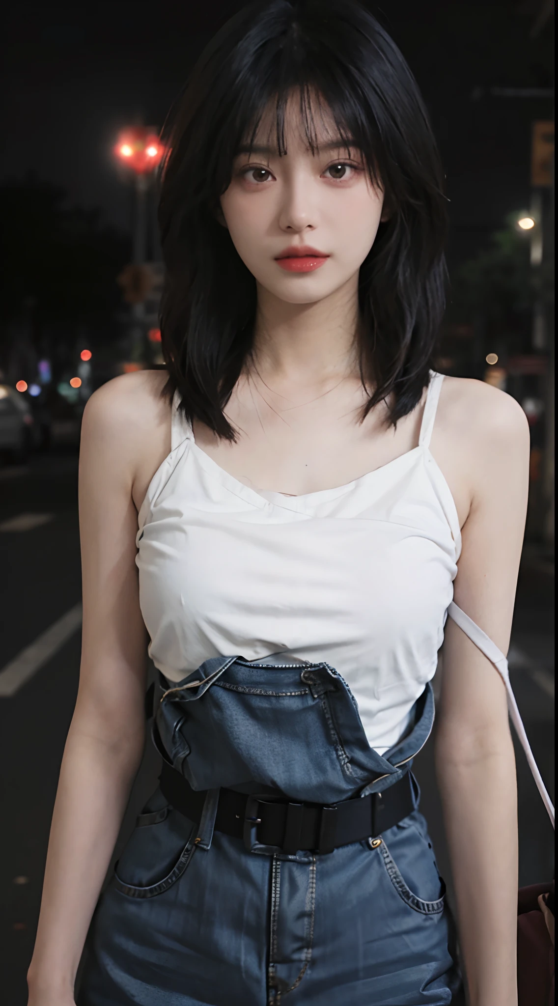 best qualtiy, 超高分辨率, (realisticlying:1.4),2 girls ,Focus:1.2, Chest bust:1.6,perfect figure beautiful woman:1.4 , pelo rojo corto,(Streets at night:1.3), Highly detailed facial and skin texture, head straight-looking at viewer,A detailed eye, 二重まぶた,Red lips,eye shadows,Whiten skin,(Air bangs:1.3),,(White thin strap top:1.4)