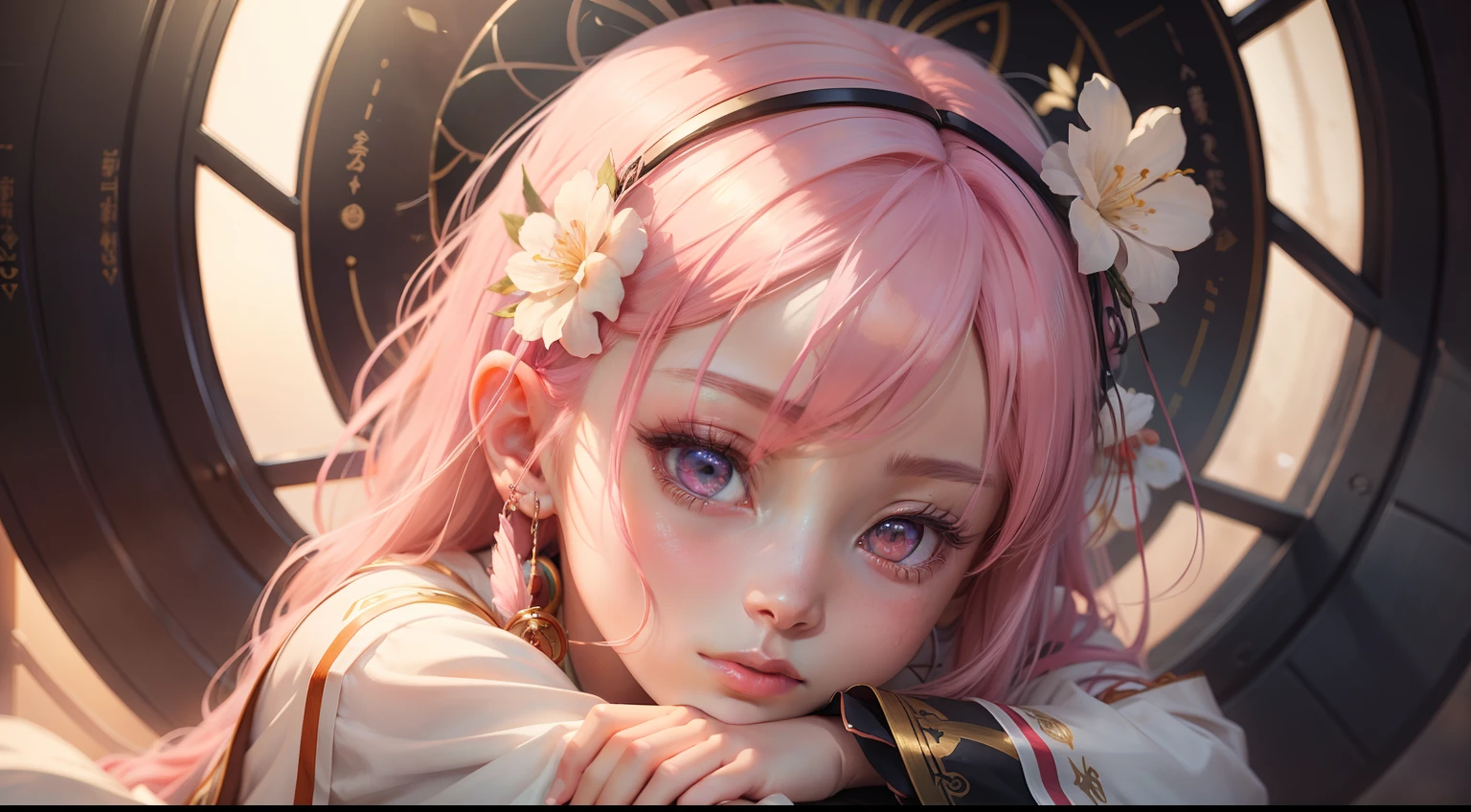 beautiful, masterpiece, best quality,Fantastical Atmosphere, Calming Palette, Tranquil Mood, Soft Shading, Miko priestess, charm spell, talisman familiar, shrine maiden duties,anime girl with pink hair and a white flower in her hair, anime girl in real life, photorealistic anime, anime. soft lighting, beautiful anime portrait, anime style mixed with fujifilm, hyper realistic anime, kawaii realistic portrait,