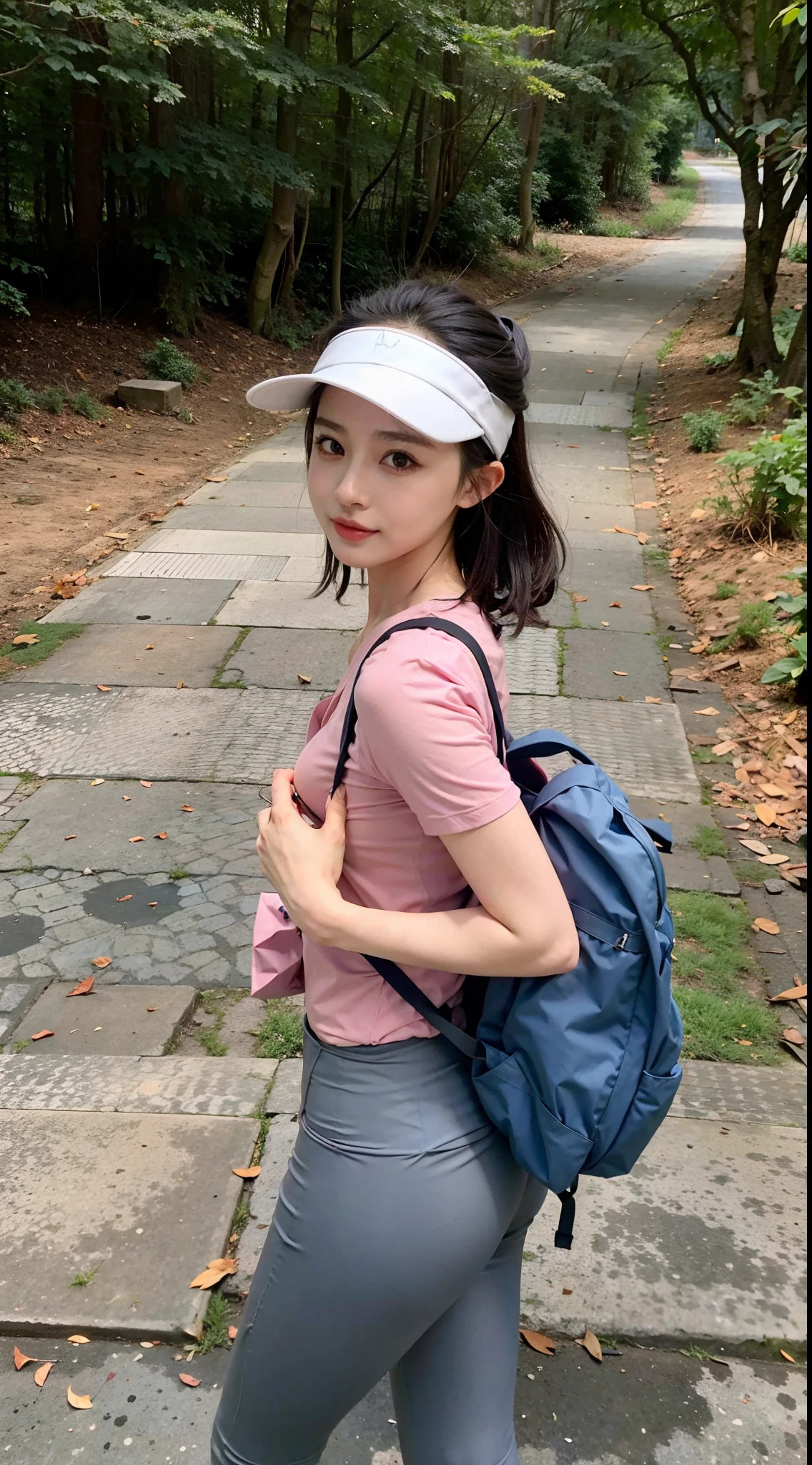 Wearing a pink shirt and gray leggings,Arad woman carrying a backpack, photo of slim girl model, photo of slim girl, Korean girl, with a backpack, Gorgeous young Korean woman, xintong chen, Open V chest clothes, 2 4 year old female model, korean women's fashion model, Beautiful young Korean woman, Choi Hyun-hwa