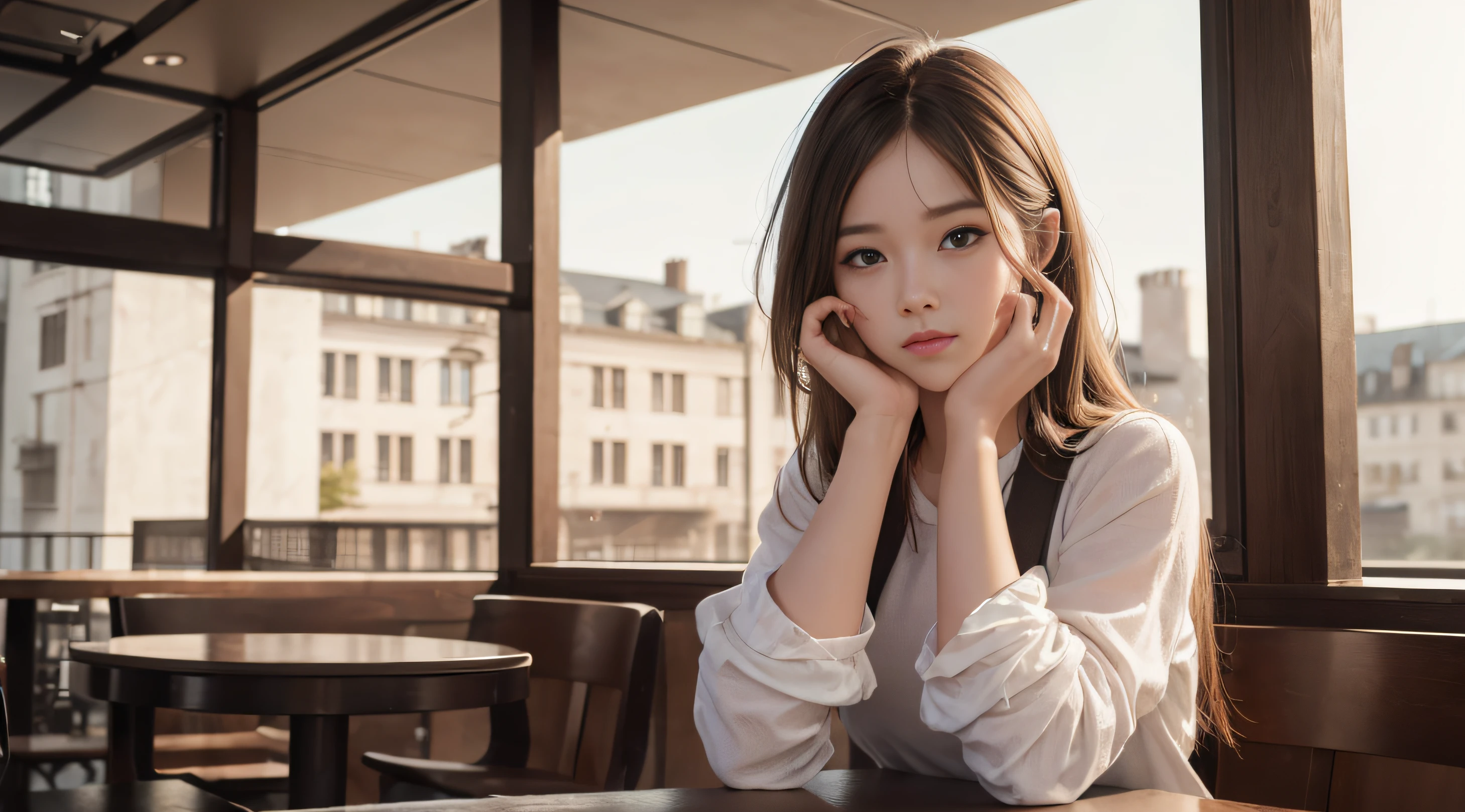 (8k, best quality, masterpiece:1.2),(best quality:1.0),ultra highres:1.0, extremely detailed, render, 4k, absurdres, HDR,solo,
cute face messy hair girl in coffee shop, outdoor,