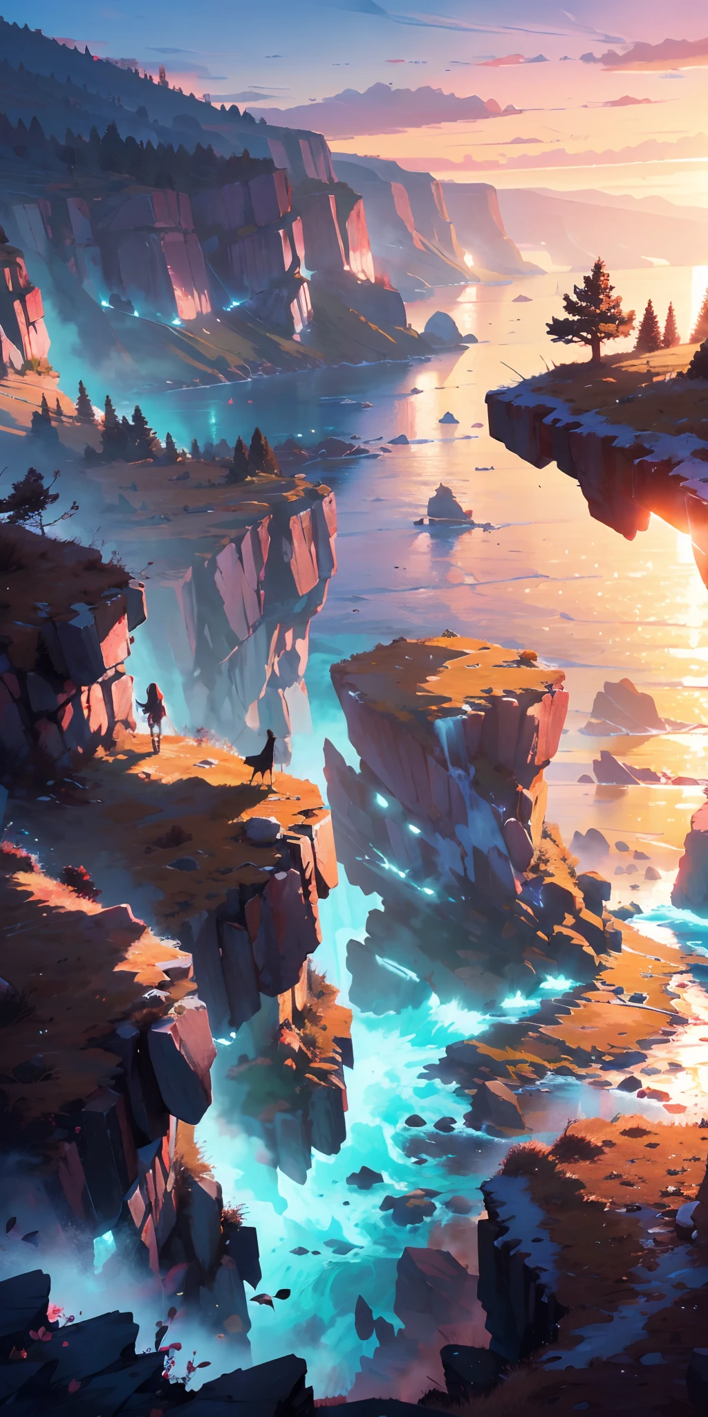 "Captivating sunset scene, vibrant and vivid colors, breathtaking evening glow, picturesque wide-angle view, meticulously captured with high-definition clarity and a touch of naturalistic style."