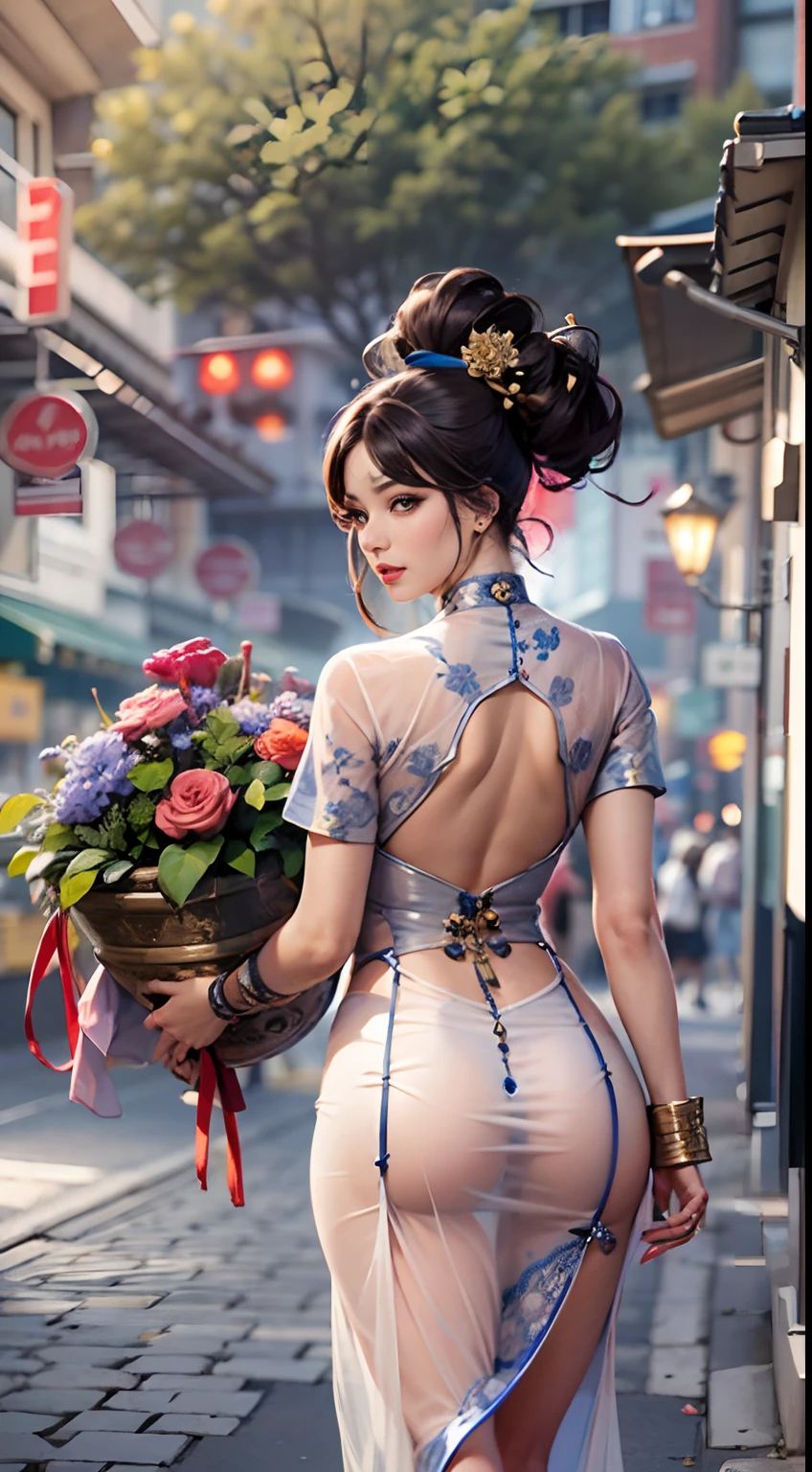 A Japanese woman walking in the city,Buildings,A plant,ssmile,Mixed Korean,The background is blurred out,focal,电影灯光,(((tmasterpiece))), ((best qualtiy)), ((Complex and detailed)), ((ultra-realistic realism)), Ridiculous resolution, A MILF, Mature woman, ssee-through, highly detailed, illustratio, 1girll, (huge tit), Thin waist and thick hips,long leges,beatiful detailed eyes, short detailed hair, brunette color hair, a purple eye, (Ceremonial attire:1.2), on cheongsam,offcial dress,Lace,gossamer,(underdressing), pantiess, 耳Nipple Ring, (stocklings),high-heels, detailed back ground, perfect eyes, Seductive eye, looking at viewert, From the front,Wear light,