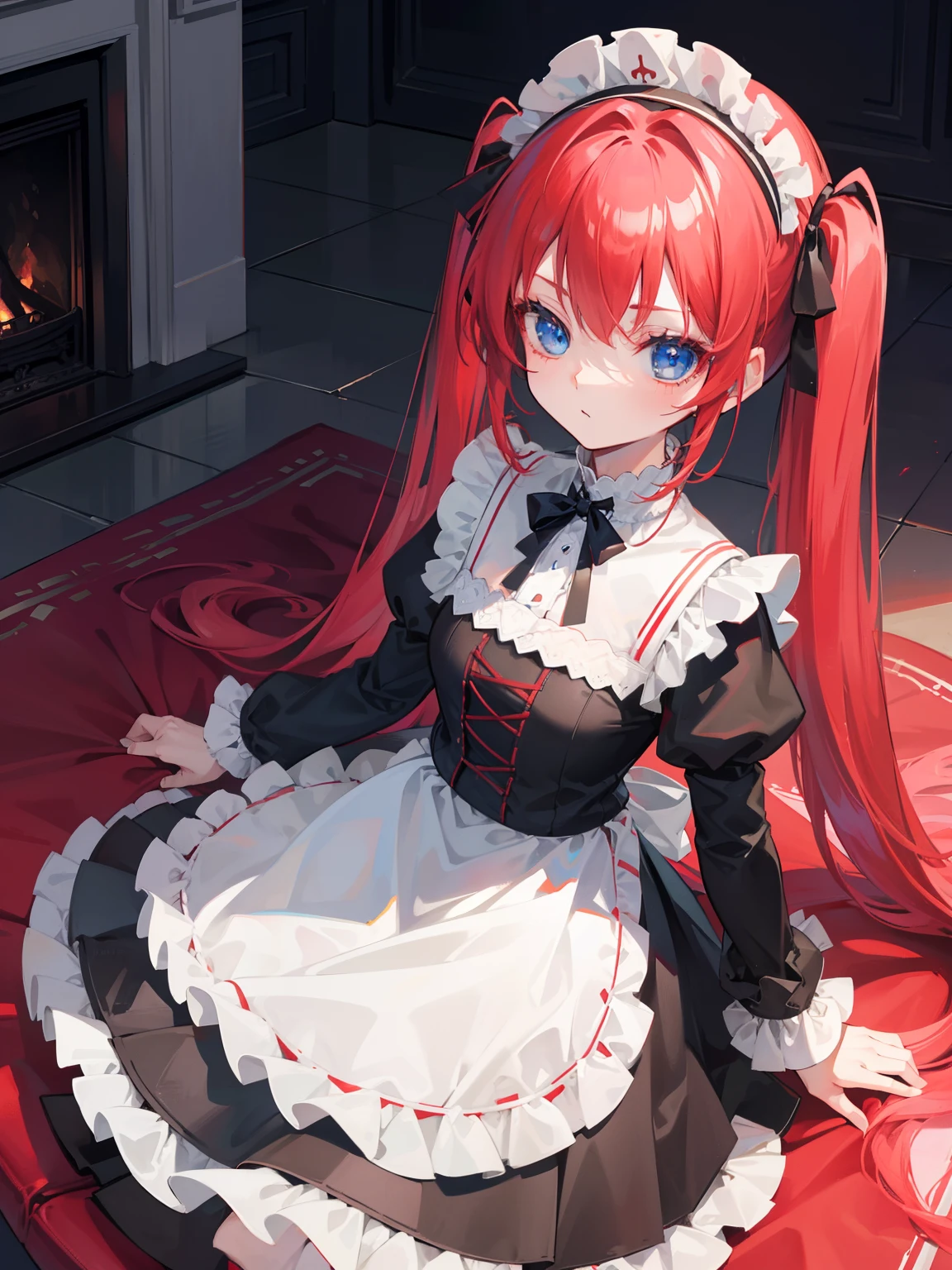{{best quality}}, {{masterpiece}}, {{ultra-detailed}}, {illustration}, {detailed light}, red hair,blue eyes,twintails,maid, long hair, long sleeves, gothic, solo, loli,little girl,cute