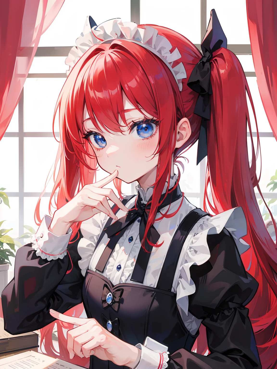 {{best quality}}, {{masterpiece}}, {{ultra-detailed}}, {illustration}, {detailed light}, red hair,blue eyes,twintails,maid, long hair, long sleeves, gothic, solo, ,litte