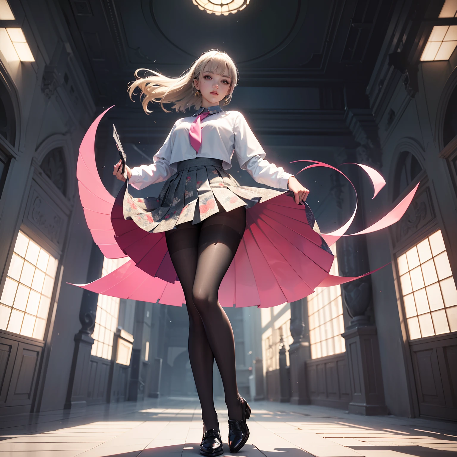 (full body:1.5),(looking at viewer:1.4),(anatomy correct:1.3),(In the paradise of the day:1.3),(Wearing Very thick Printed Pantyhose and JK Student Dress Printed Pleated Skirt and JK uniform leather shoes,and a large amount of jewellery :1.3), (A high jump posture:1.3),(In pink|amarelo|blue colors|green color|red colour|white colors|black in color|purpleish color|greys|Beige|Flesh color 1.4),,(Accurate and perfect face:1.4),(Clothing Gloss:1.25),(Skin reflection:1.25),hyper HD, Ray traching, reflective light,structurally correct, Award-Awarded, high detal, lightand shade contrast, Face lighting,cinmatic lighting, tmasterpiece, super detailing, high high quality, high detal, best qualityer, 16k,high contrast,