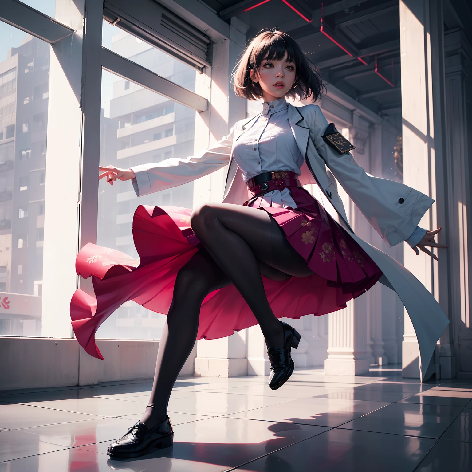 (full body:1.5),(looking at viewer:1.4),(anatomy correct:1.3),(In the paradise of the day:1.3),(Wearing Very thick Printed Pantyhose and JK Student Dress Printed Pleated Skirt and JK uniform leather shoes,and a large amount of jewellery :1.3), (A high jump posture:1.3),(In pink|amarelo|blue colors|green color|red colour|white colors|black in color|purpleish color|greys|Beige|Flesh color 1.4),,(Accurate and perfect face:1.4),(Clothing Gloss:1.25),(Skin reflection:1.25),hyper HD, Ray traching, reflective light,structurally correct, Award-Awarded, high detal, lightand shade contrast, Face lighting,cinmatic lighting, tmasterpiece, super detailing, high high quality, high detal, best qualityer, 16k,high contrast,