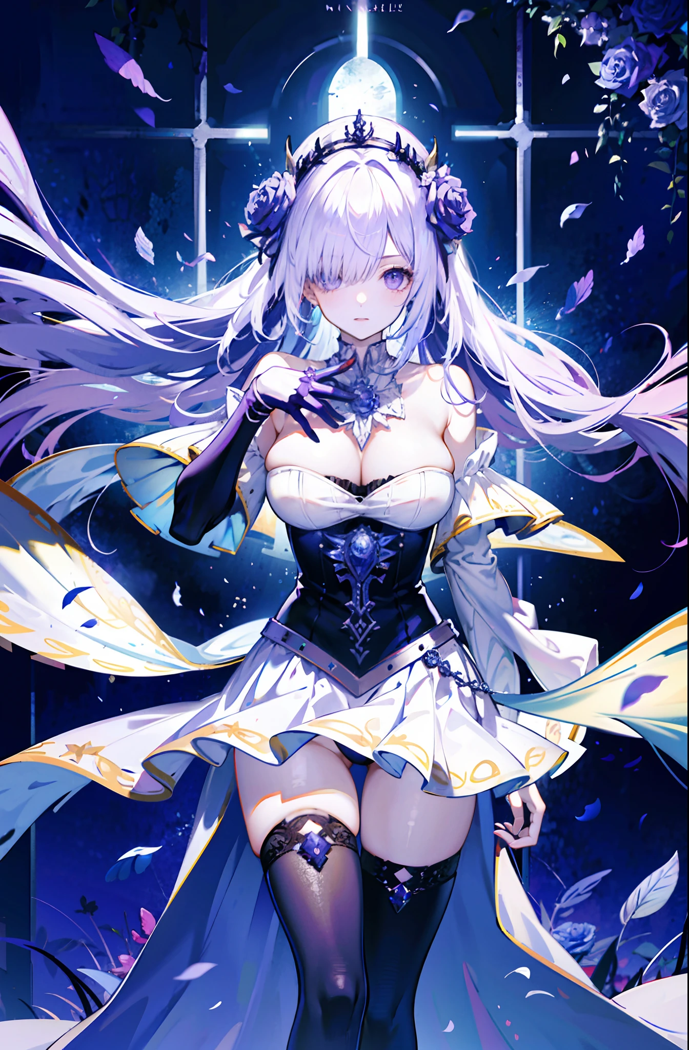 silber hair,butterflys,long whitr hair,8k wallpaper,detailedbackground,Highest high resolution,deep v big breasts,Hair covers one eye,Bandeau,Church background,Purple roses,tight-fitting,themoon,stocklings
