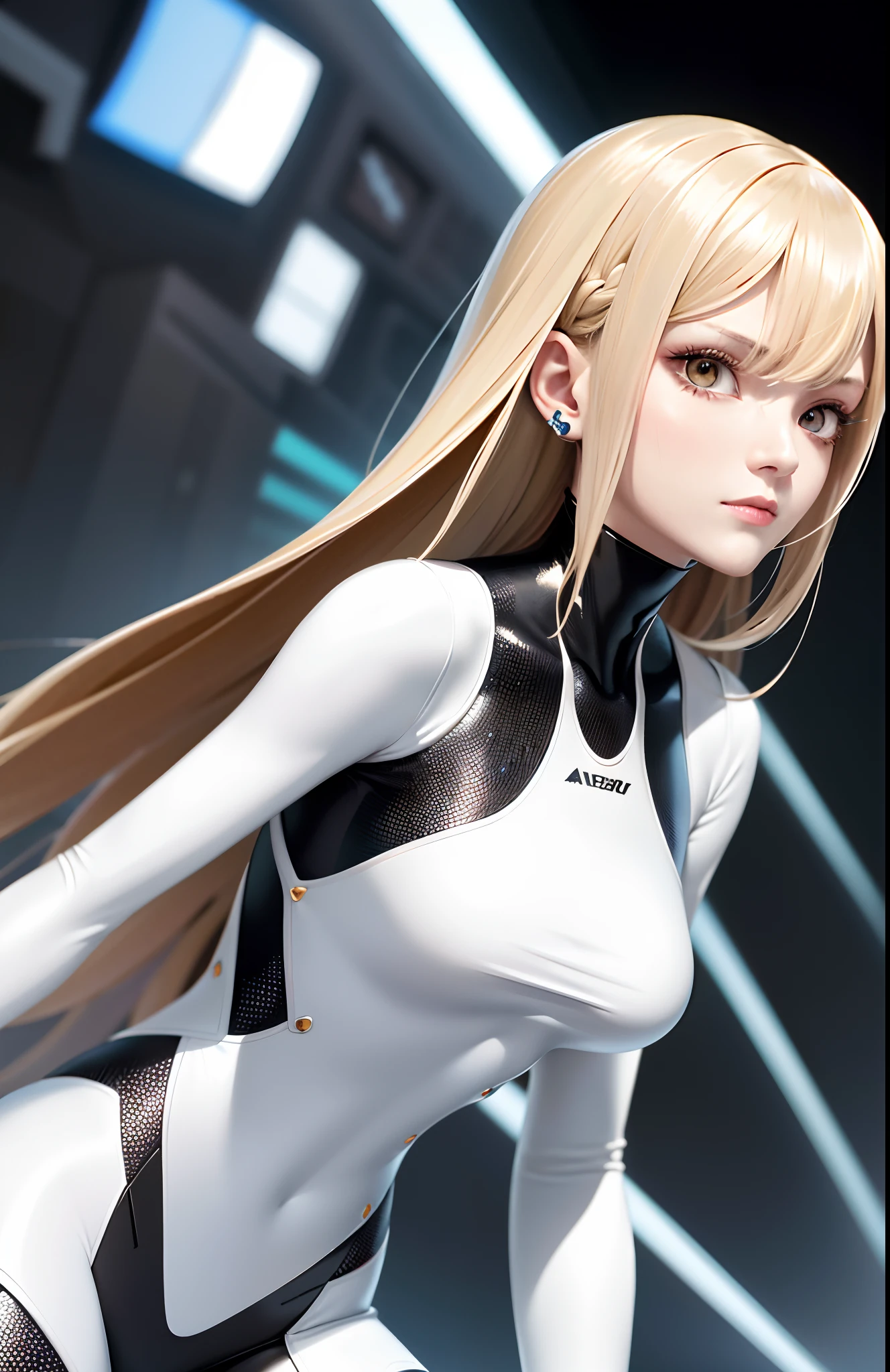 optimum,tmasterpiece,A high resolution,best qualtiy,hyper HD,super detailing,Award-Awarded,16k,独奏,(The upper part of the body),anatomy correct,Beautiful cyberpunk girl,Ex Machina,cute face,high light,Gradient Beige Hair,Hairline,((Scarlet eyes)),long eyelasher,Hanging eye corners,White skin of the,(small boobs),(Slim body),(()),((racing_suit)),(Finger caps),(),ear studs,(neck rings),(Laser material clothing:1.2)