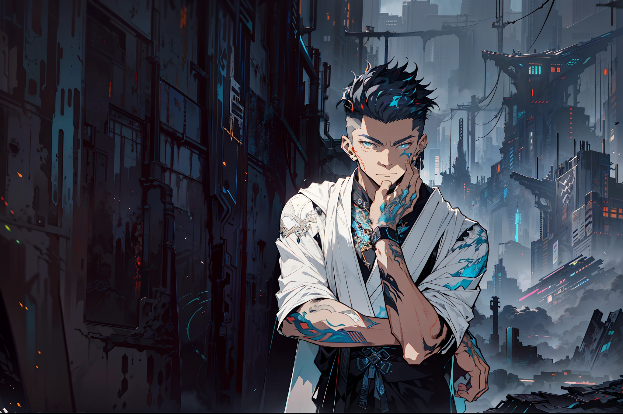 Cyberpunk male, fantasy world, dark background, clean design, epic instagram, artstation, colorful paint splatter, silhouette, hyper detailed intricate details, unreal engine, fantasy, intricate details, splash screen, complementary colors, Fantasy concept art, 8k resolution, deviantart masterpiece, oil painting, heavy strokes, paint dripping, (isolated on white background: 1.3), rainbow skin, (((handsome young man))), ((teenage:1.5) ), (glowing blue eyes), ((light eyes)), ((((short white hair: 1.1))), ((black clothes)), (prince\\(indifferent expression\\),, ( ((Wears high detail luxurious black robe))), white hair, (chest) --v 6