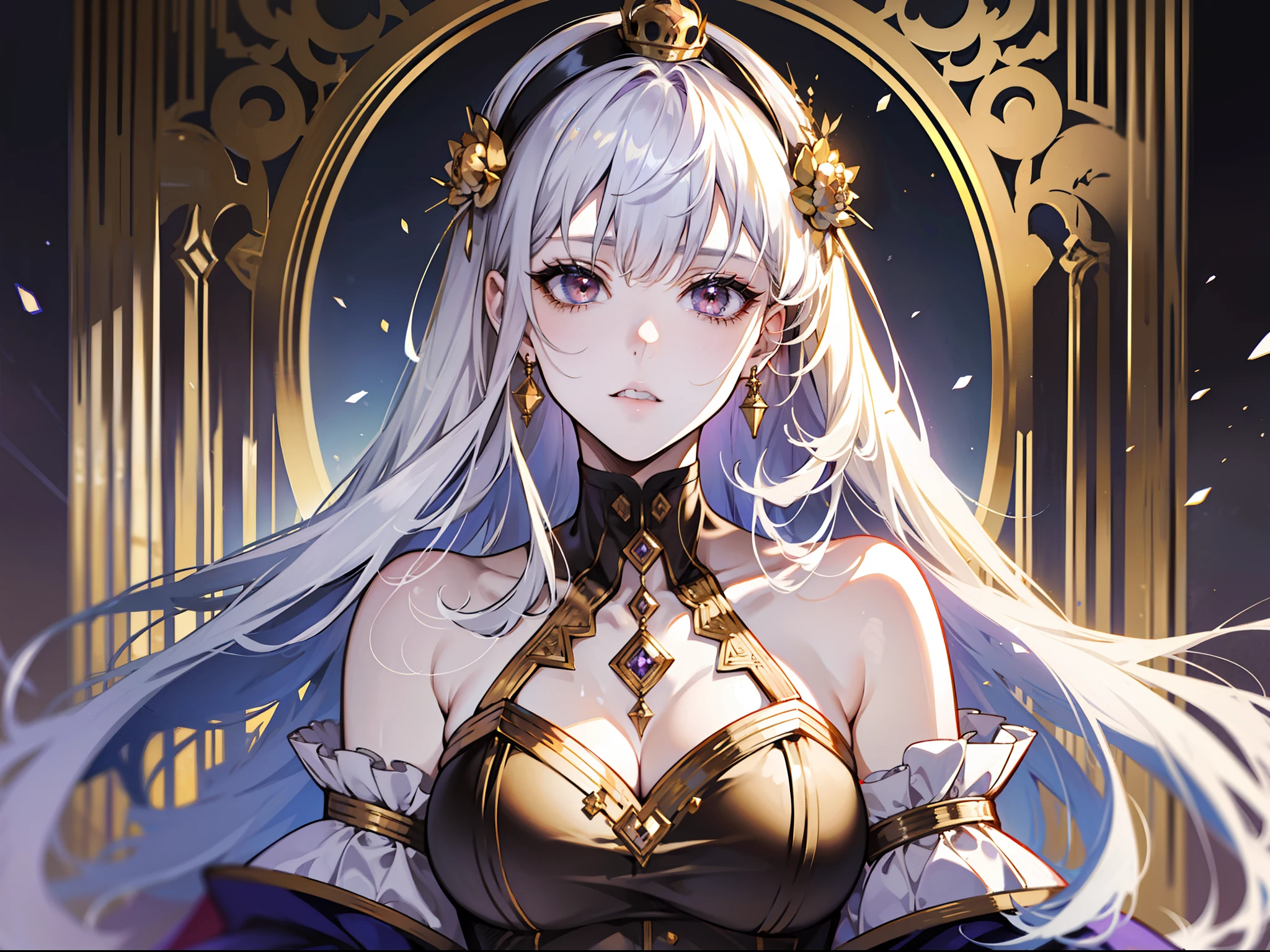(absurd, high resolution), (panorama), a woman, mature, beautiful, tall, queen's dress, lilac complex dressed, exquisite, brown eyes, pale blonde hair, silver crown on his head, expression painful, panicked, in the palace, brilliant, magical, holding a long golden delicate wand,